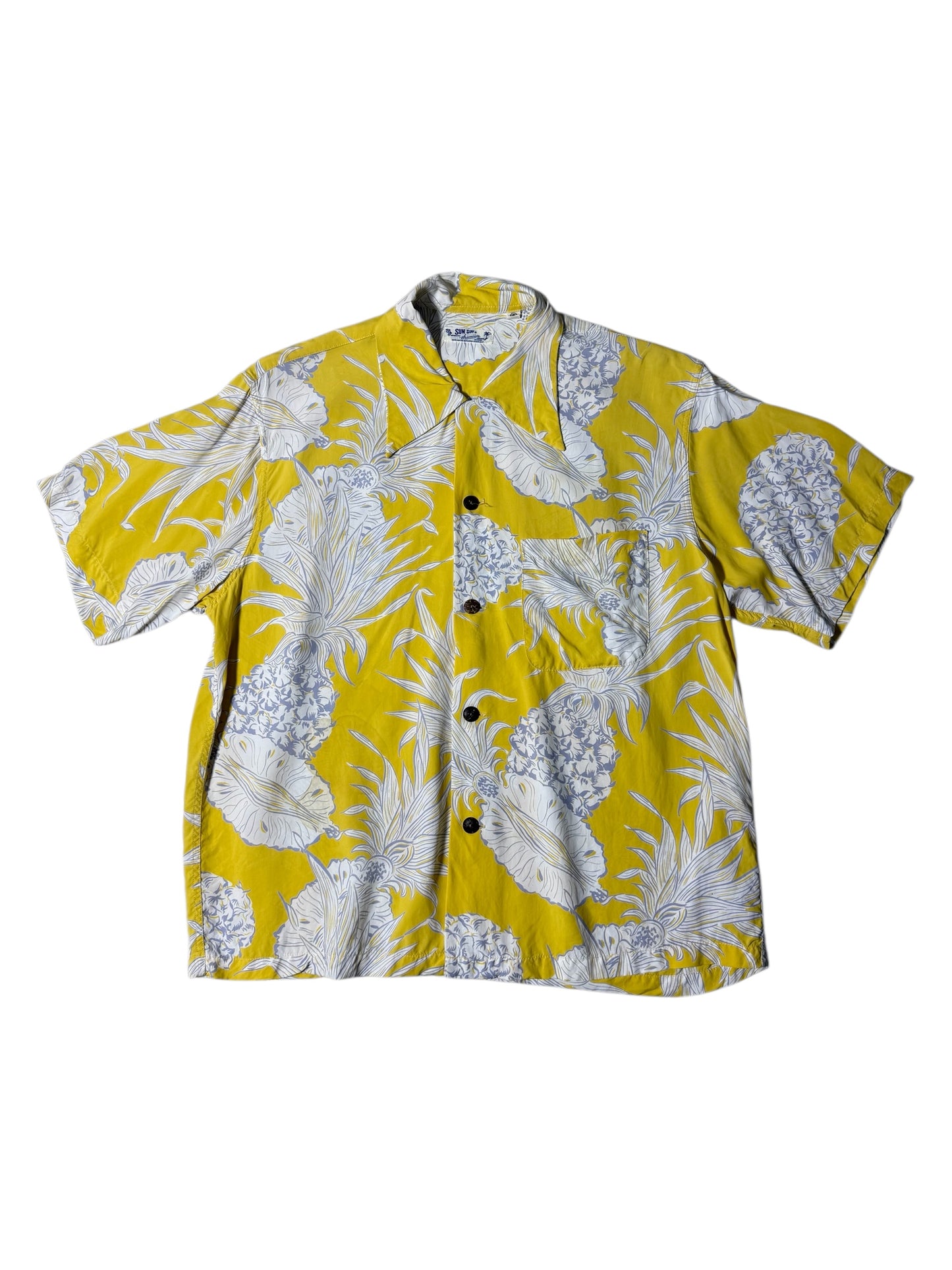 Vintage Sun Surf Hawaiian Rayon Aloha Shirt Yellow Pineapple Print