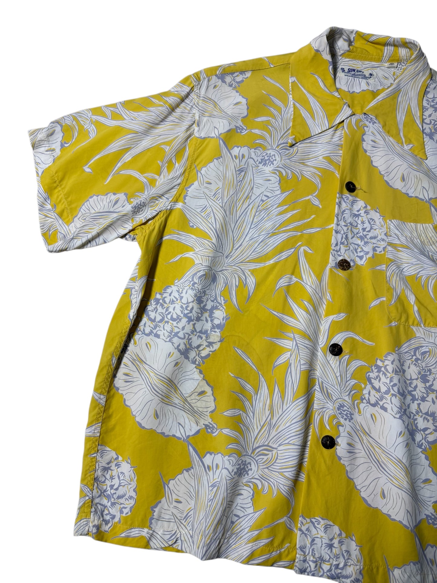 Vintage Sun Surf Hawaiian Rayon Aloha Shirt Yellow Pineapple Print