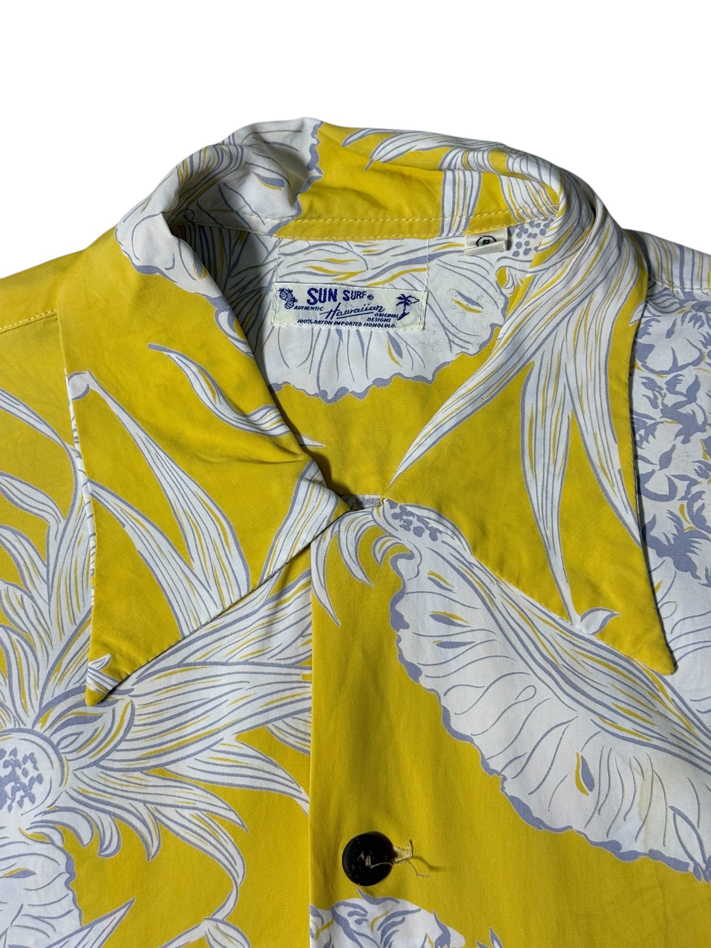 Vintage Sun Surf Hawaiian Rayon Aloha Shirt Yellow Pineapple Print