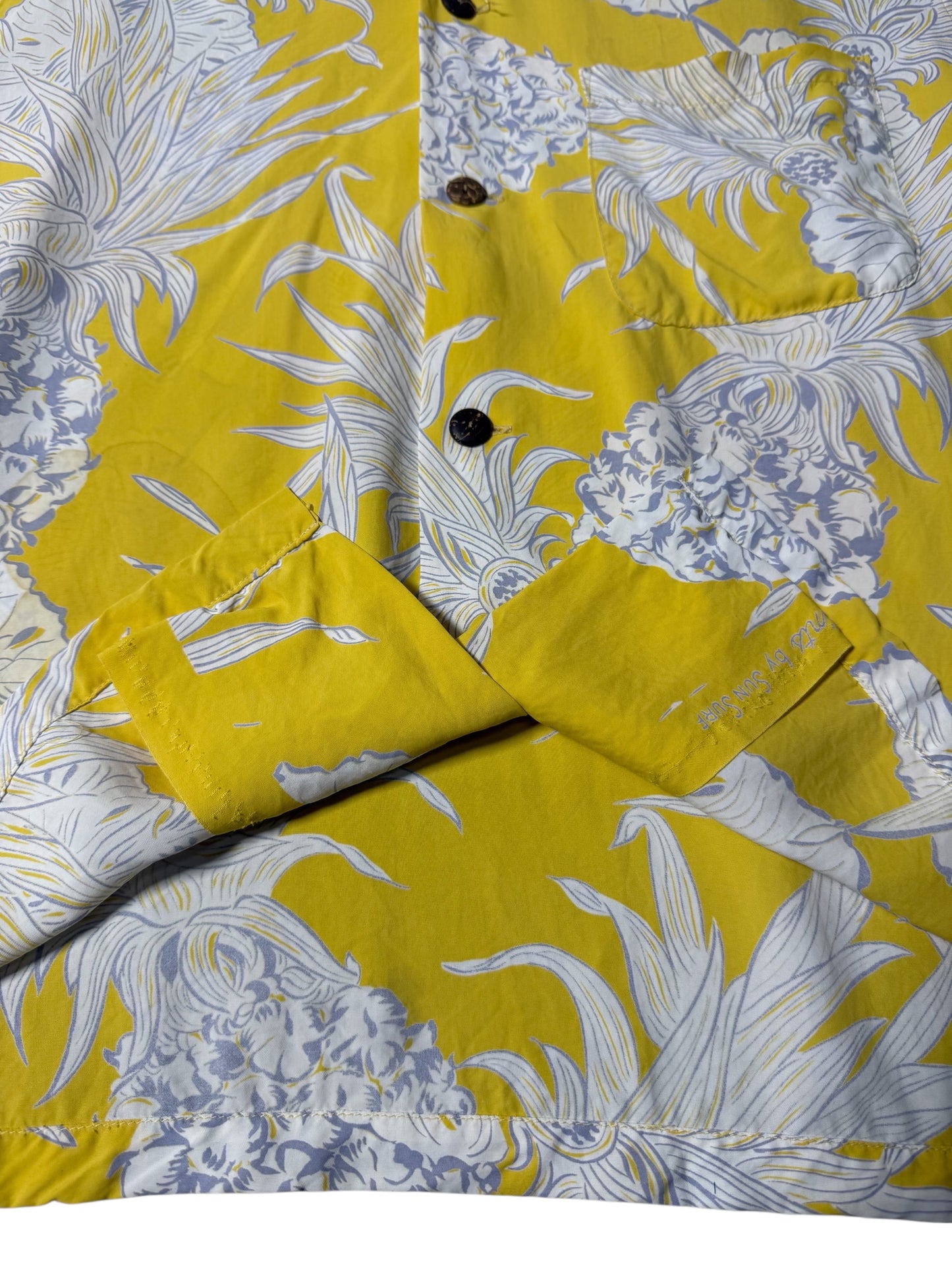 Vintage Sun Surf Hawaiian Rayon Aloha Shirt Yellow Pineapple Print