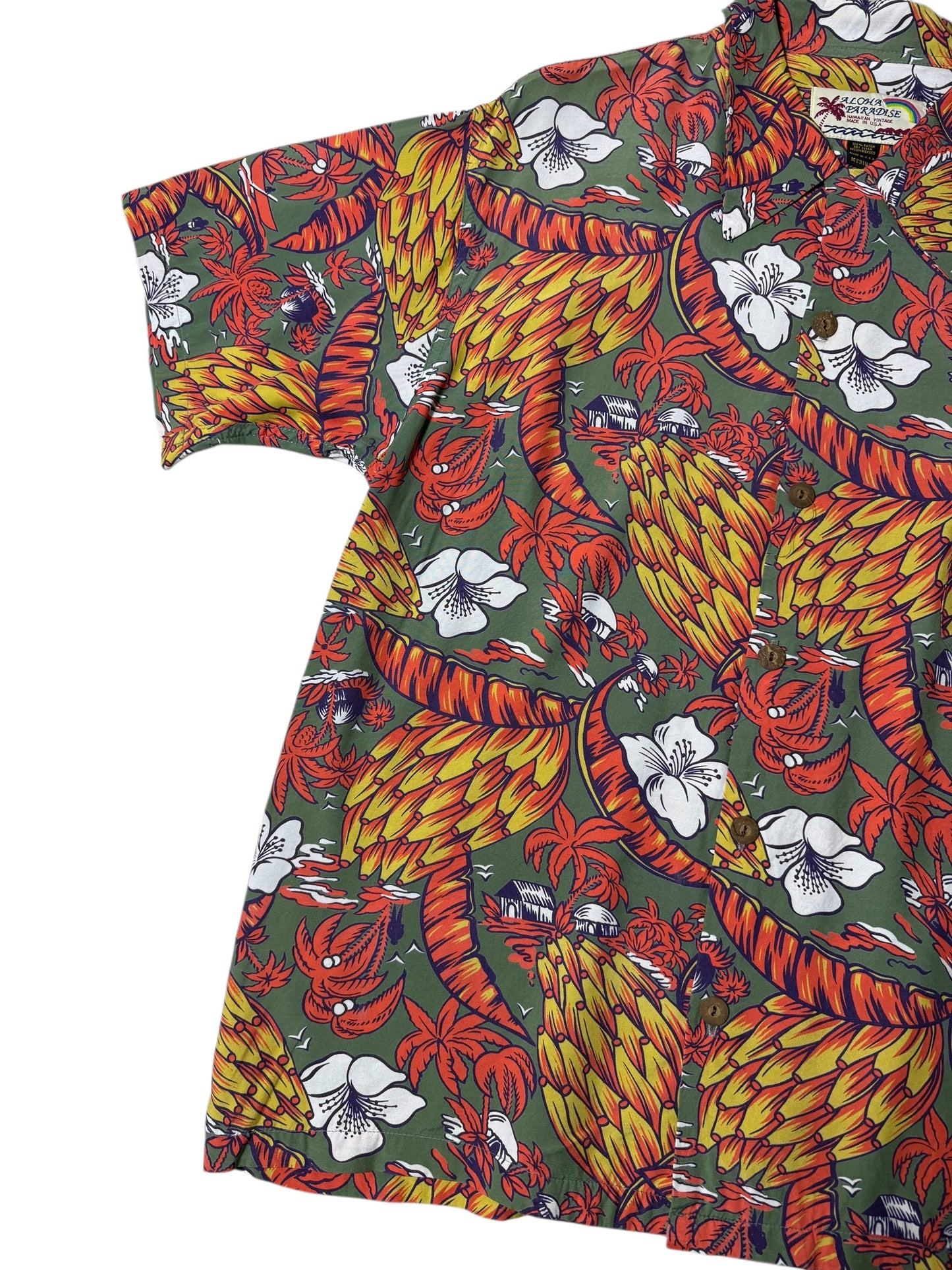 Vintage 1980s–90s Aloha Paradise Hawaiian Rayon Aloha Shirt Tropical Print Made in USA