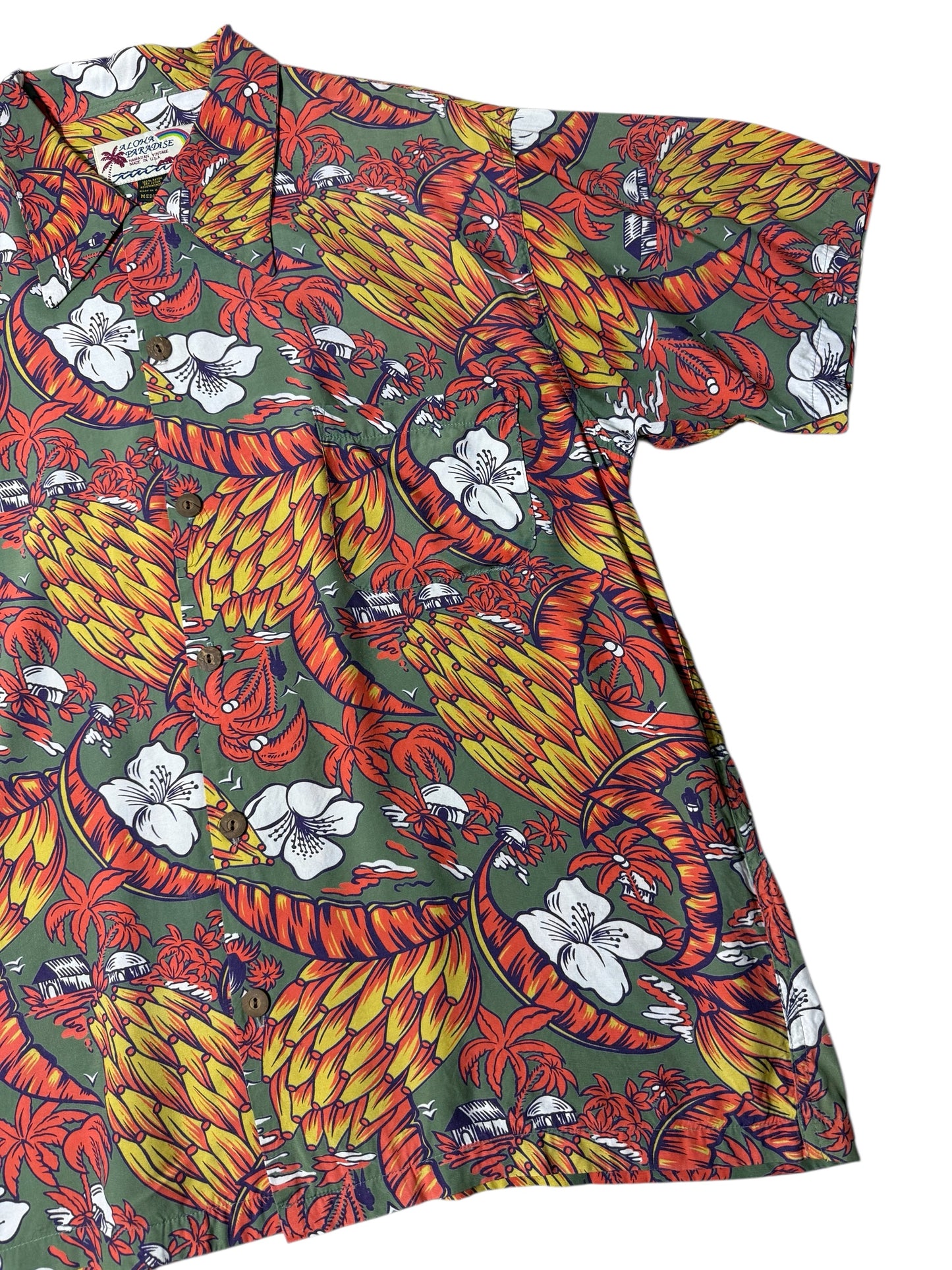 Vintage 1980s–90s Aloha Paradise Hawaiian Rayon Aloha Shirt Tropical Print Made in USA