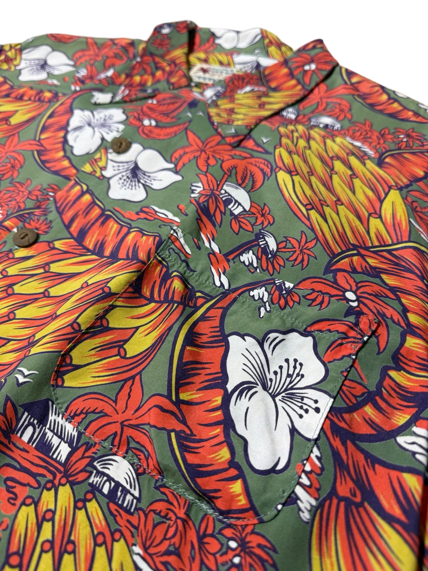 Vintage 1980s–90s Aloha Paradise Hawaiian Rayon Aloha Shirt Tropical Print Made in USA