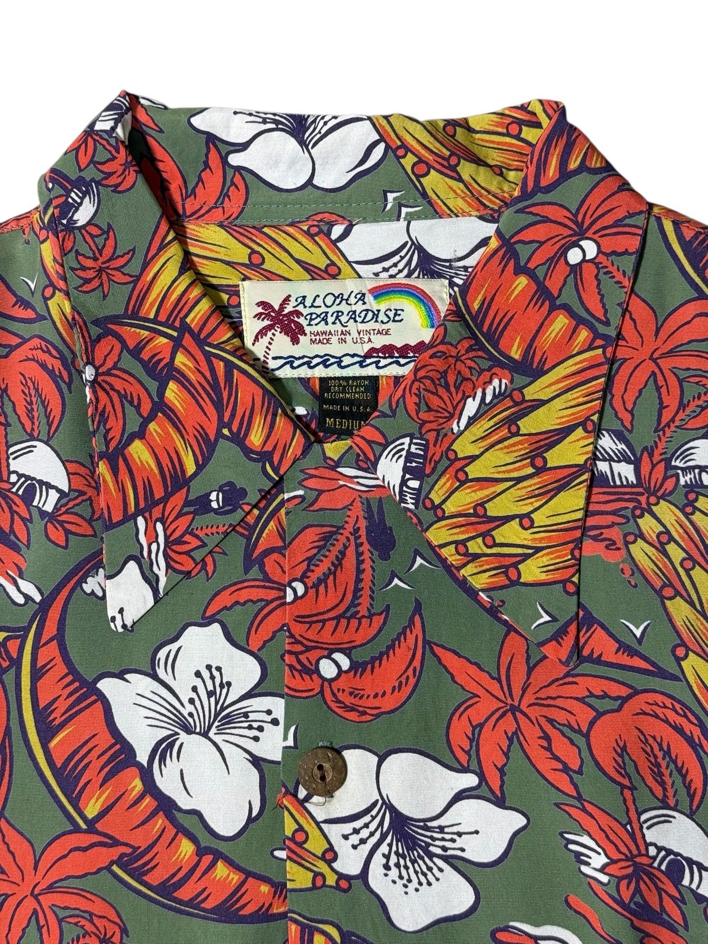 Vintage 1980s–90s Aloha Paradise Hawaiian Rayon Aloha Shirt Tropical Print Made in USA