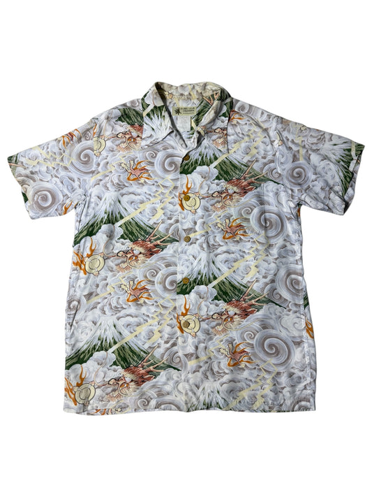 Vintage 90s Aloha Club Creations Hawaiian Rayon Aloha Shirt Thunder Gods Mt. Fuji Storm Print Made in USA