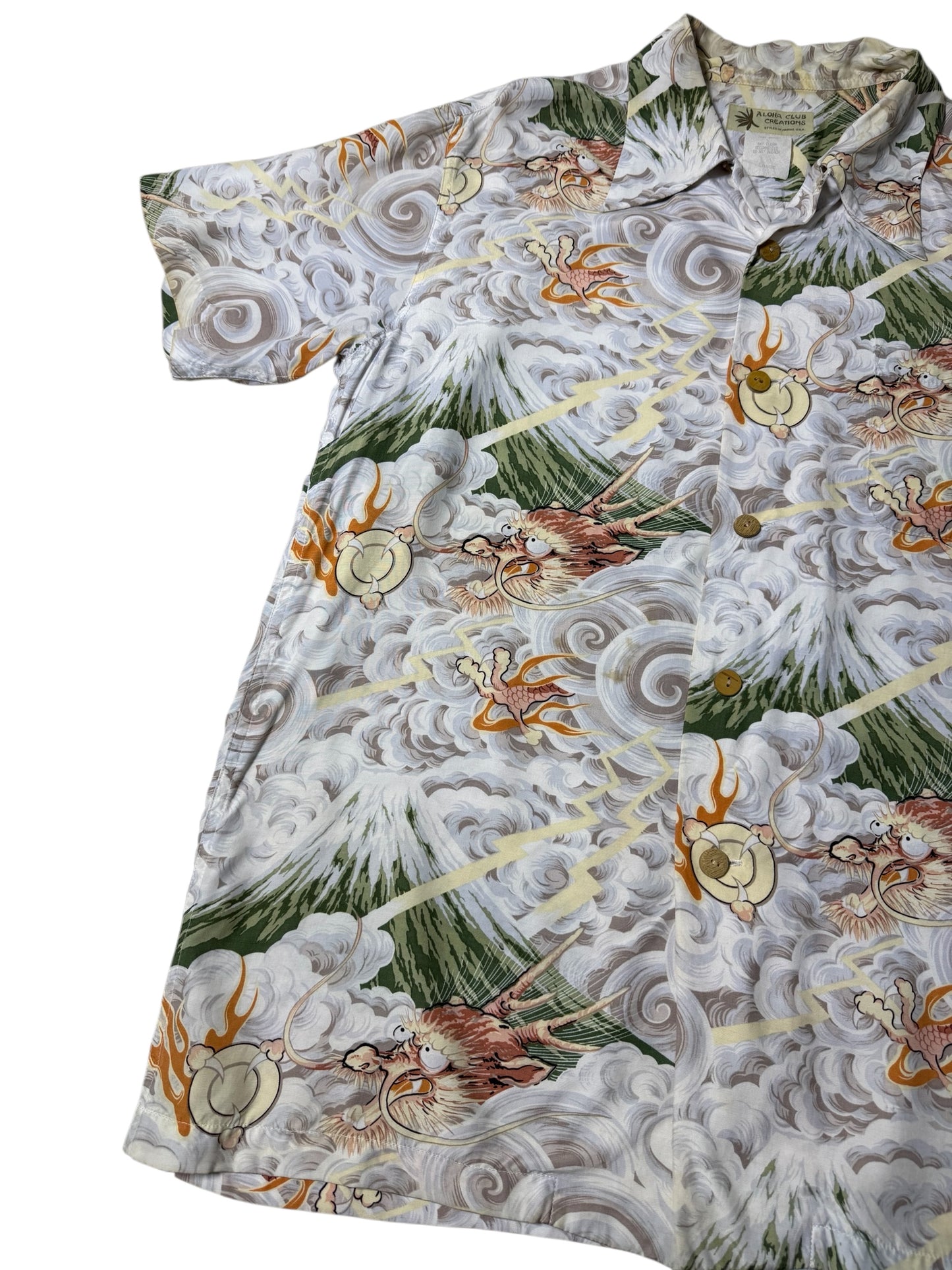 Vintage 90s Aloha Club Creations Hawaiian Rayon Aloha Shirt Thunder Gods Mt. Fuji Storm Print Made in USA