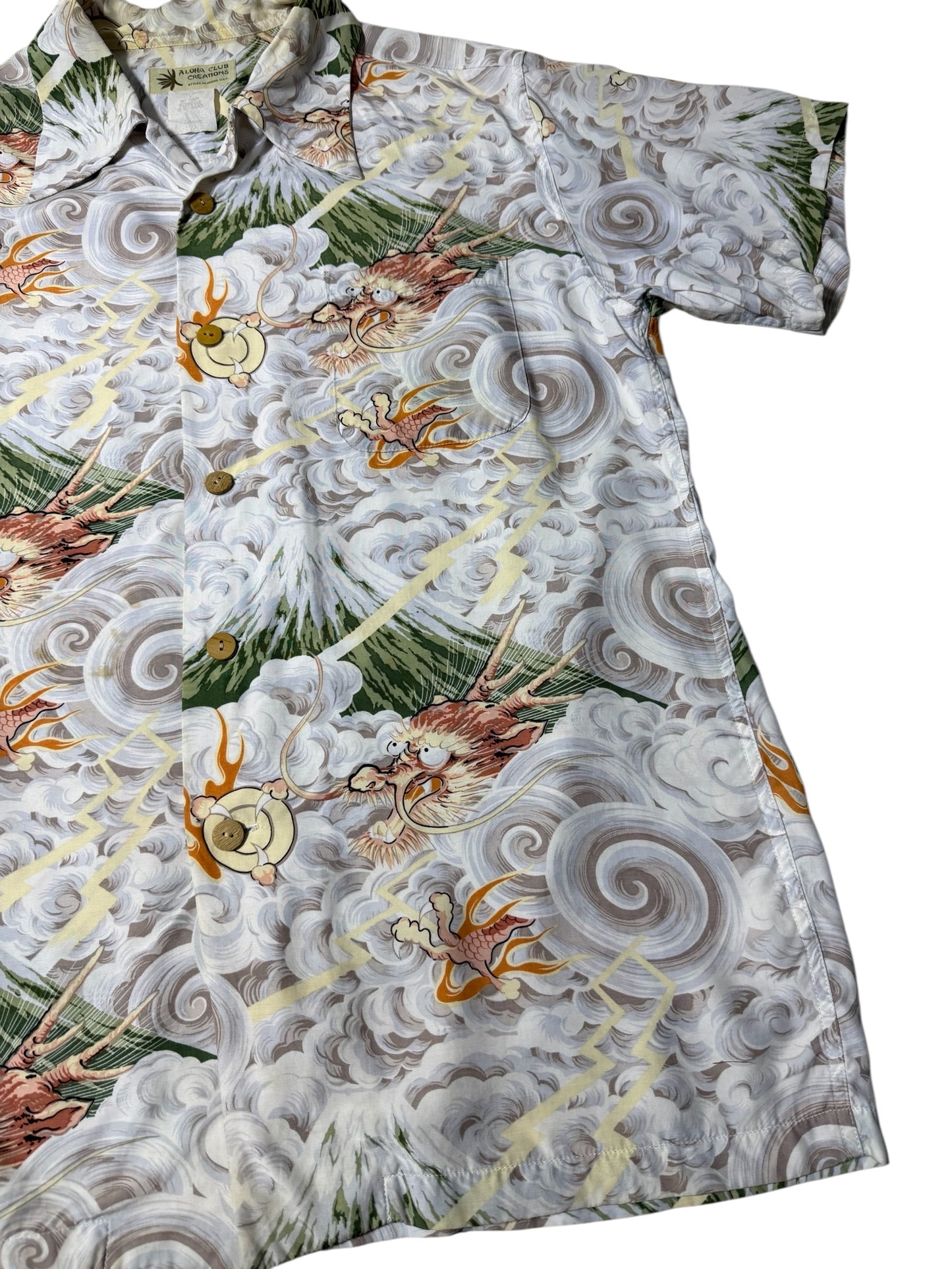 Vintage 90s Aloha Club Creations Hawaiian Rayon Aloha Shirt Thunder Gods Mt. Fuji Storm Print Made in USA