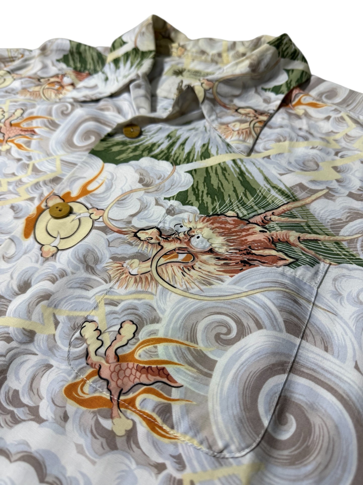 Vintage 90s Aloha Club Creations Hawaiian Rayon Aloha Shirt Thunder Gods Mt. Fuji Storm Print Made in USA