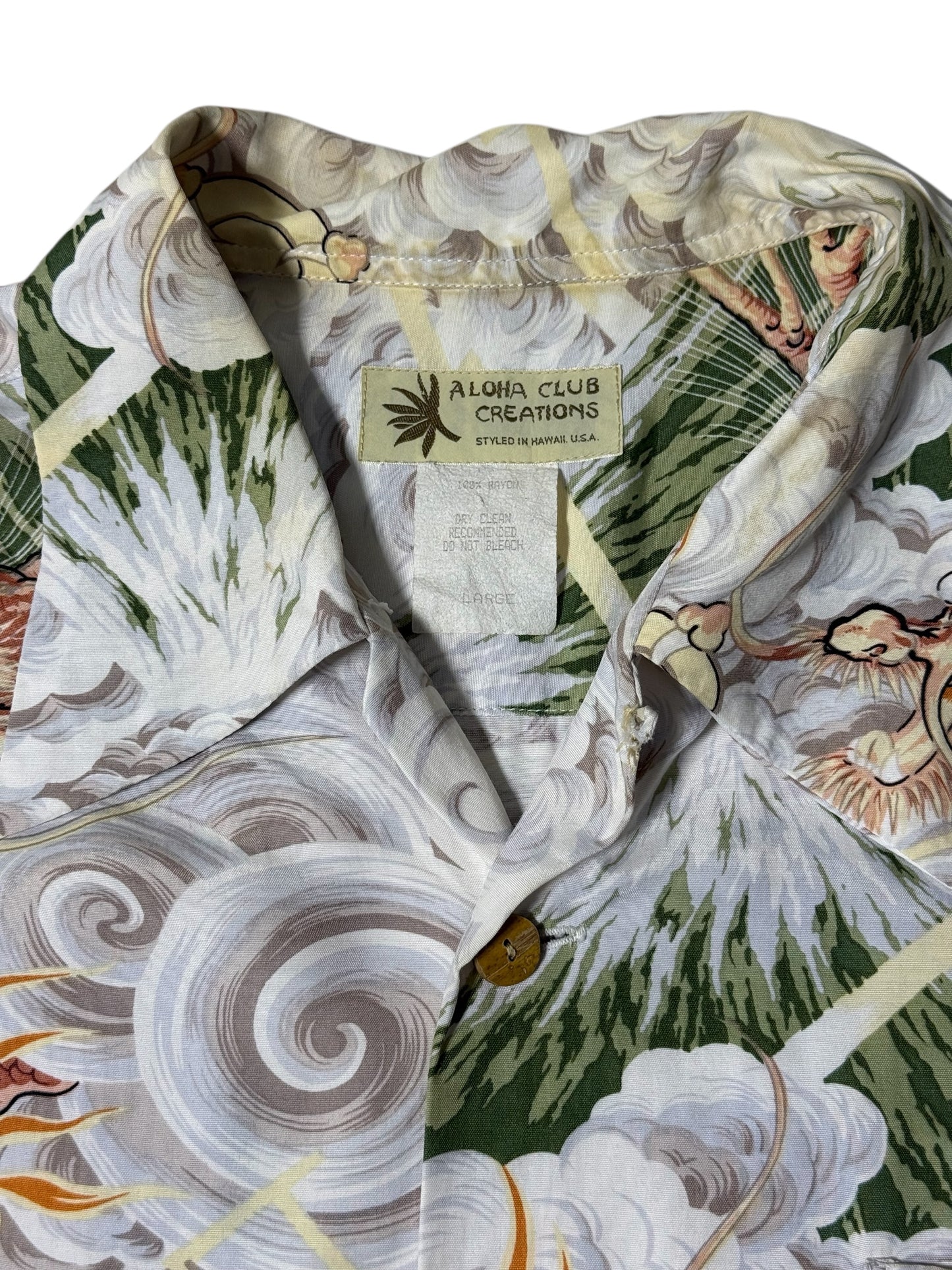 Vintage 90s Aloha Club Creations Hawaiian Rayon Aloha Shirt Thunder Gods Mt. Fuji Storm Print Made in USA