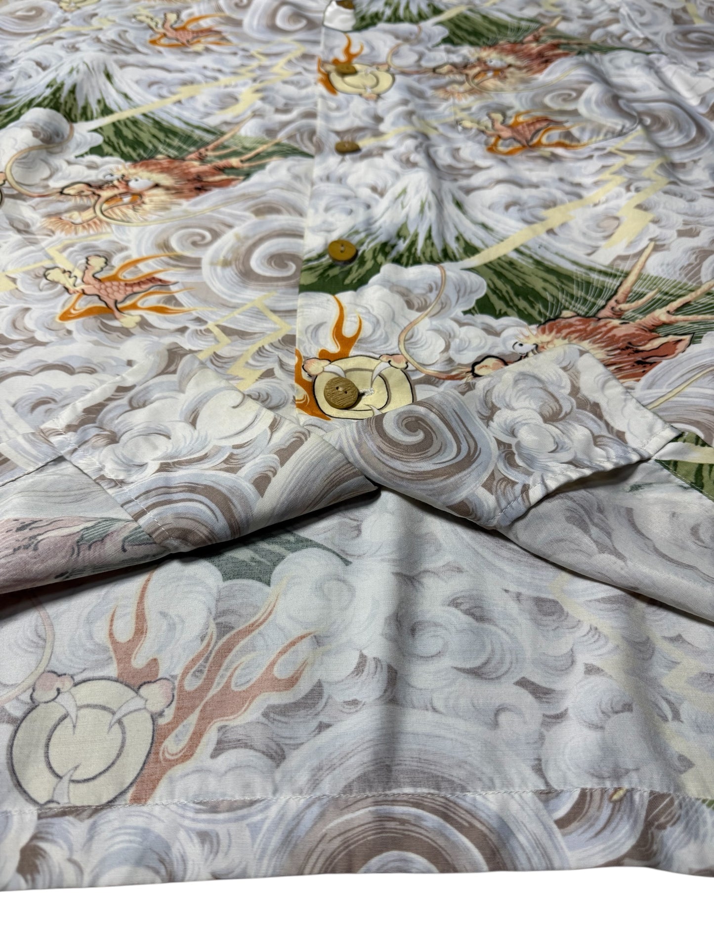 Vintage 90s Aloha Club Creations Hawaiian Rayon Aloha Shirt Thunder Gods Mt. Fuji Storm Print Made in USA