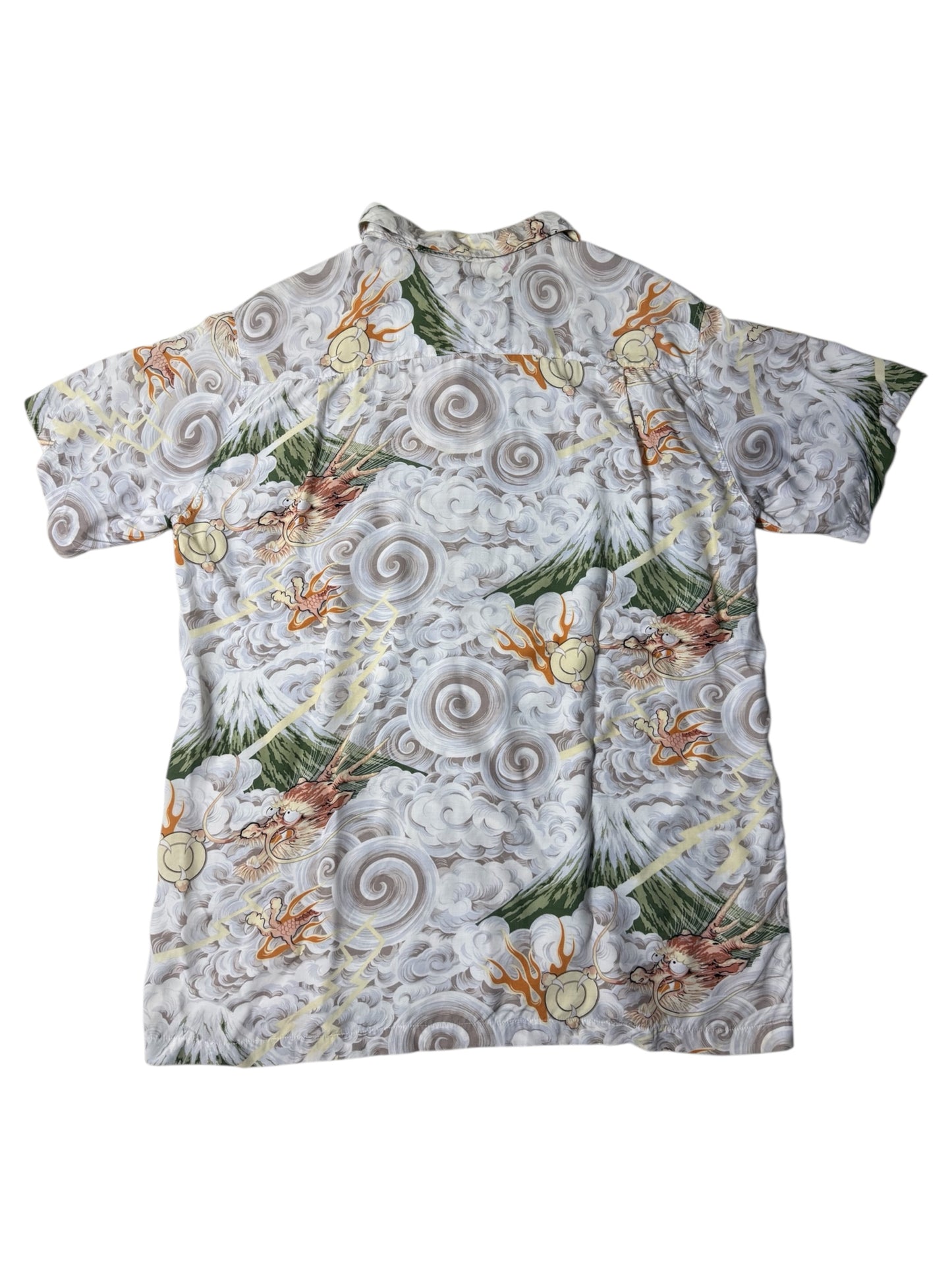 Vintage 90s Aloha Club Creations Hawaiian Rayon Aloha Shirt Thunder Gods Mt. Fuji Storm Print Made in USA