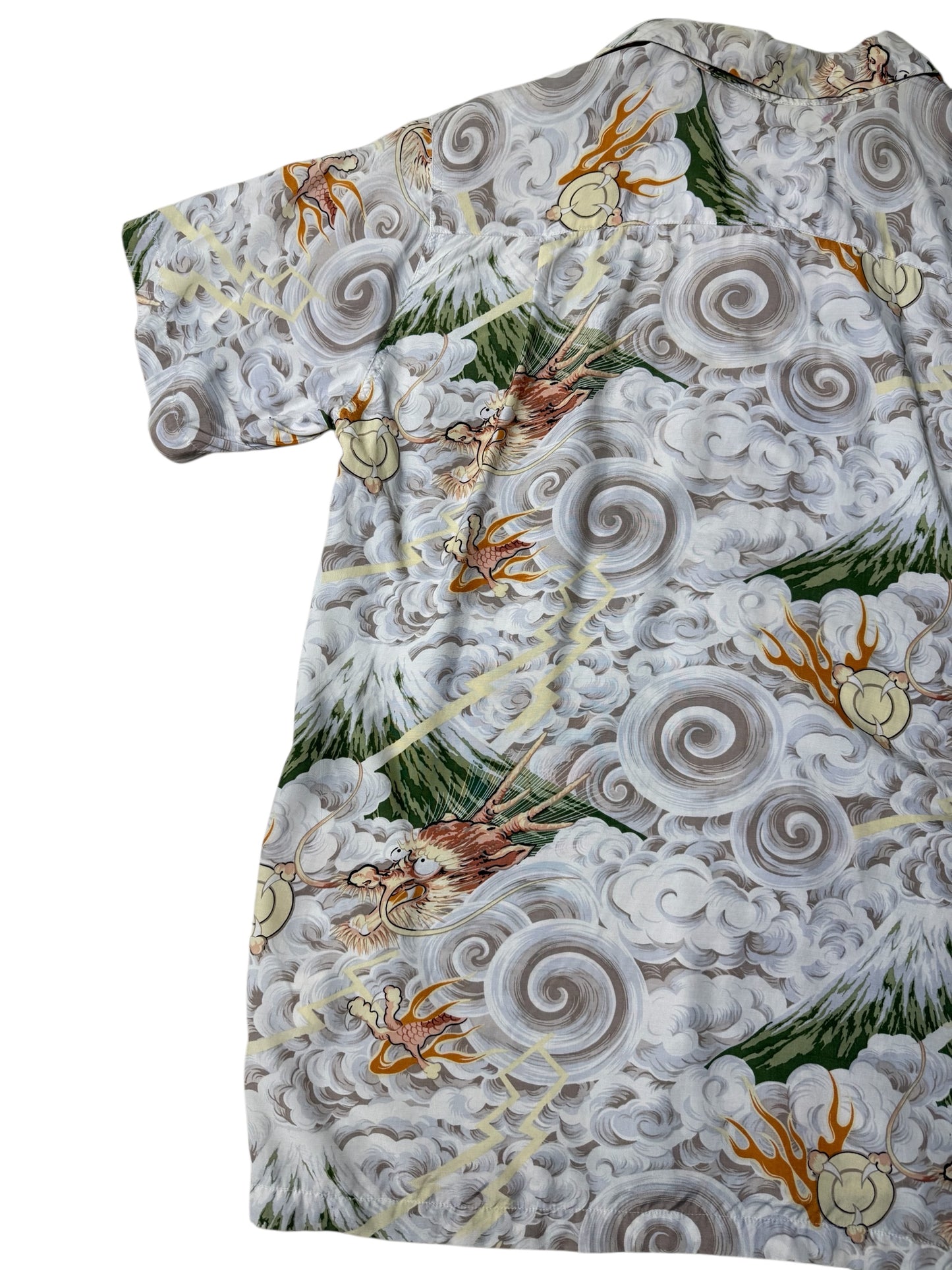 Vintage 90s Aloha Club Creations Hawaiian Rayon Aloha Shirt Thunder Gods Mt. Fuji Storm Print Made in USA