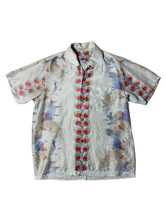 Vintage 1980s–90s SCO Sewing Chop Silk Aloha Shirt Peacock Feather Print