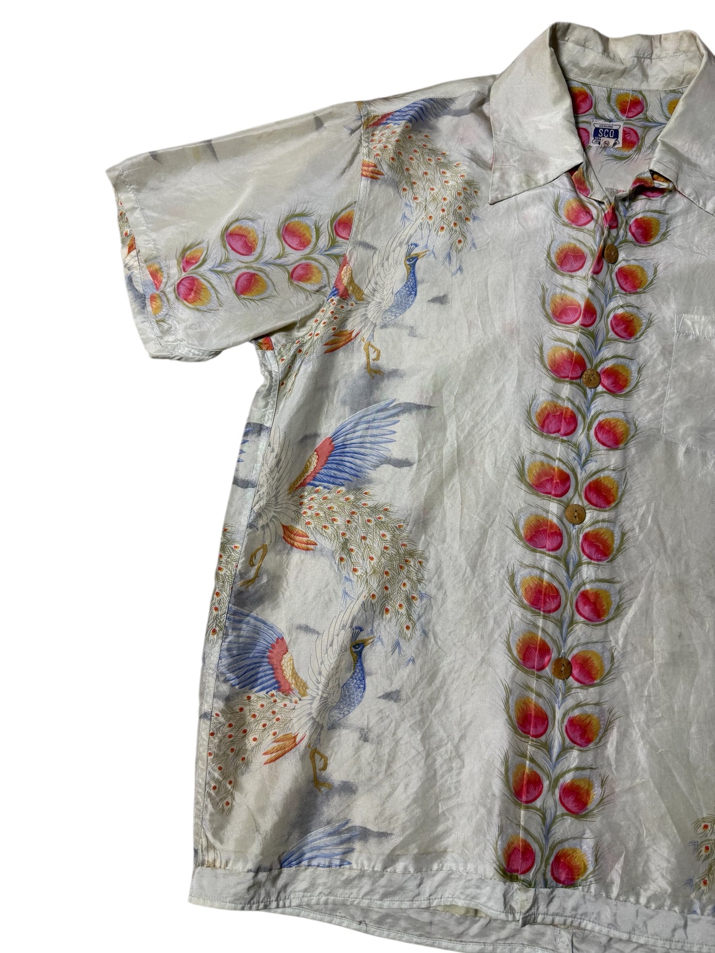 Vintage 1980s–90s SCO Sewing Chop Silk Aloha Shirt Peacock Feather Print