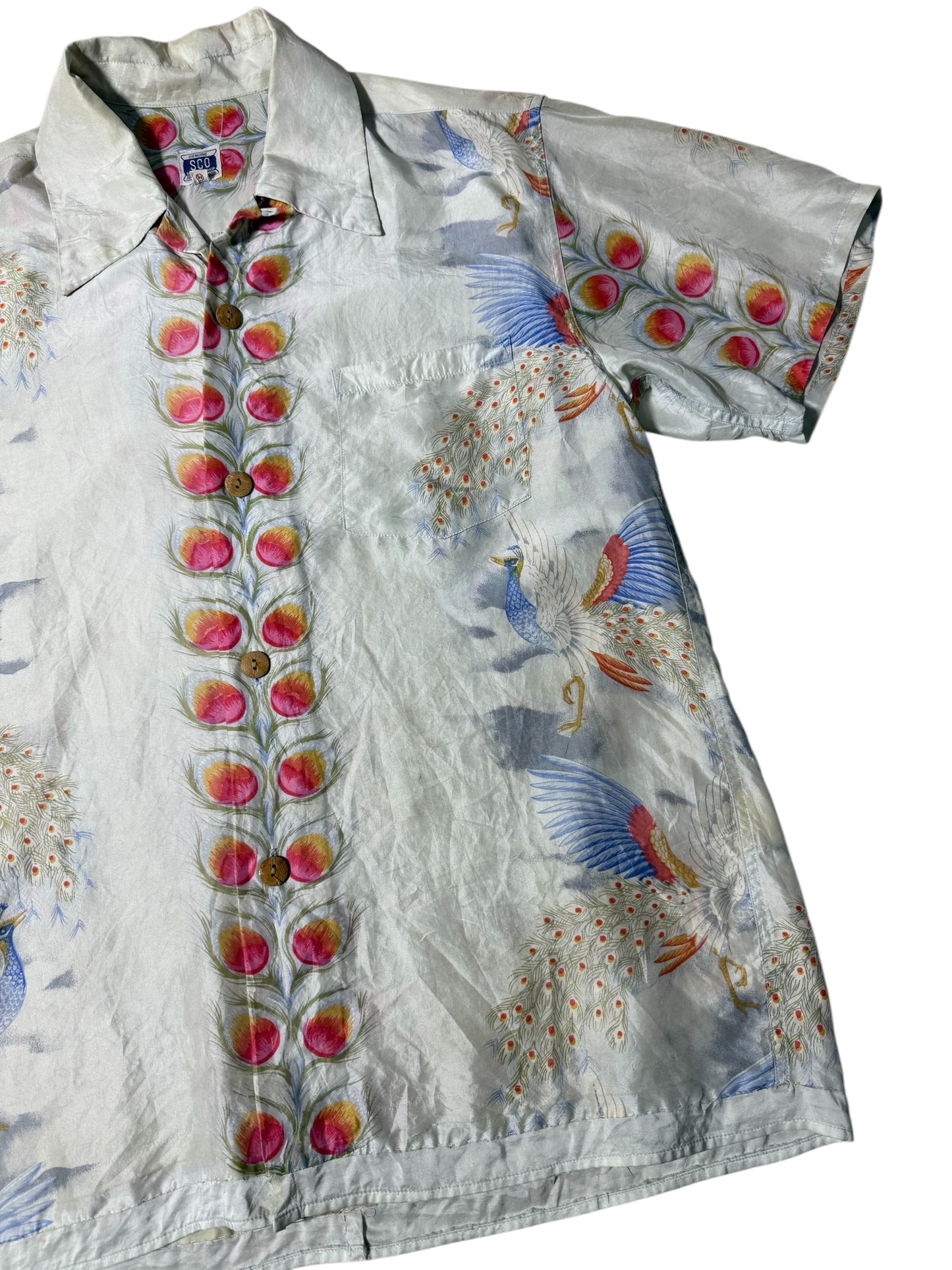 Vintage 1980s–90s SCO Sewing Chop Silk Aloha Shirt Peacock Feather Print