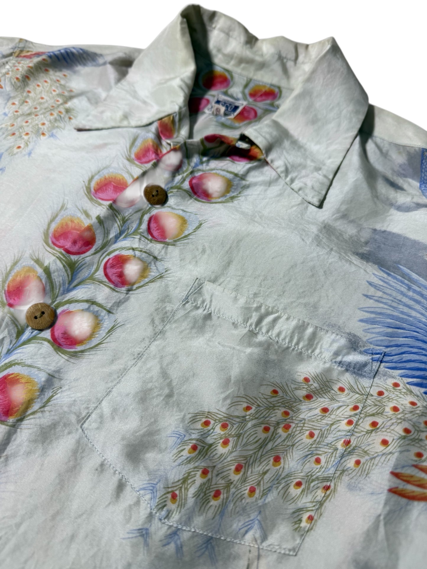 Vintage 1980s–90s SCO Sewing Chop Silk Aloha Shirt Peacock Feather Print