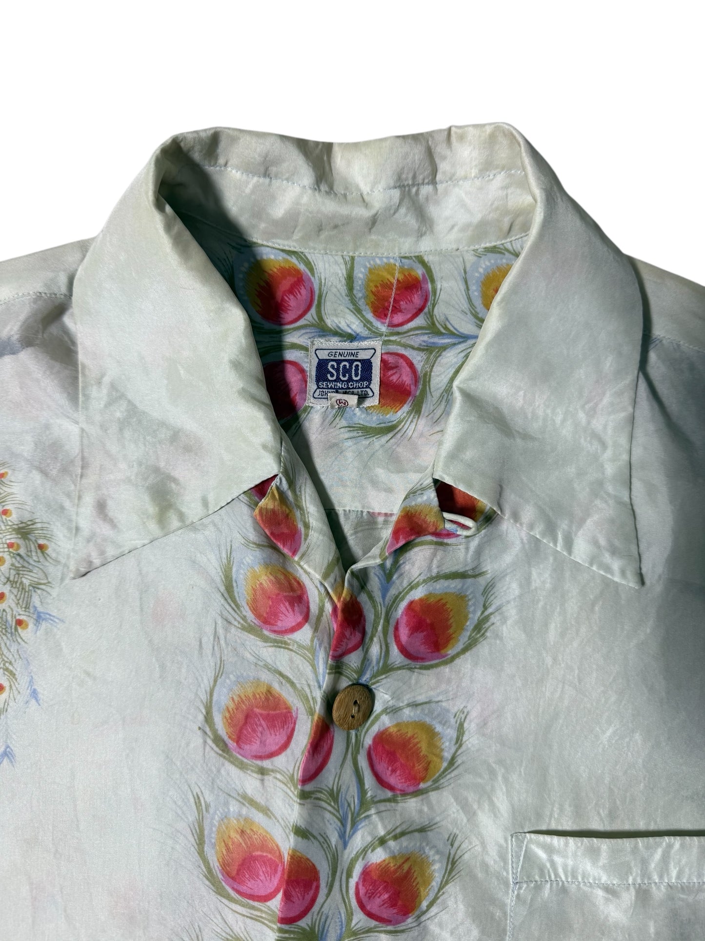Vintage 1980s–90s SCO Sewing Chop Silk Aloha Shirt Peacock Feather Print