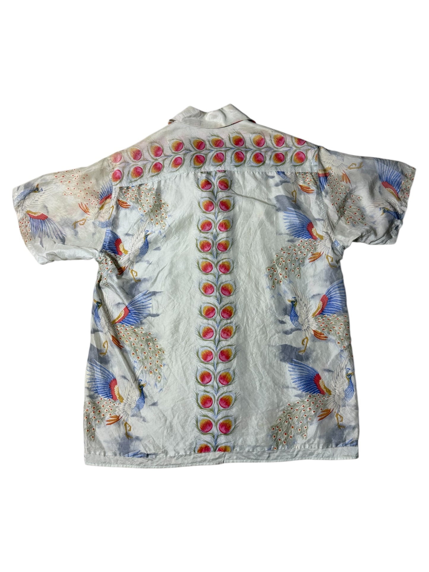 Vintage 1980s–90s SCO Sewing Chop Silk Aloha Shirt Peacock Feather Print