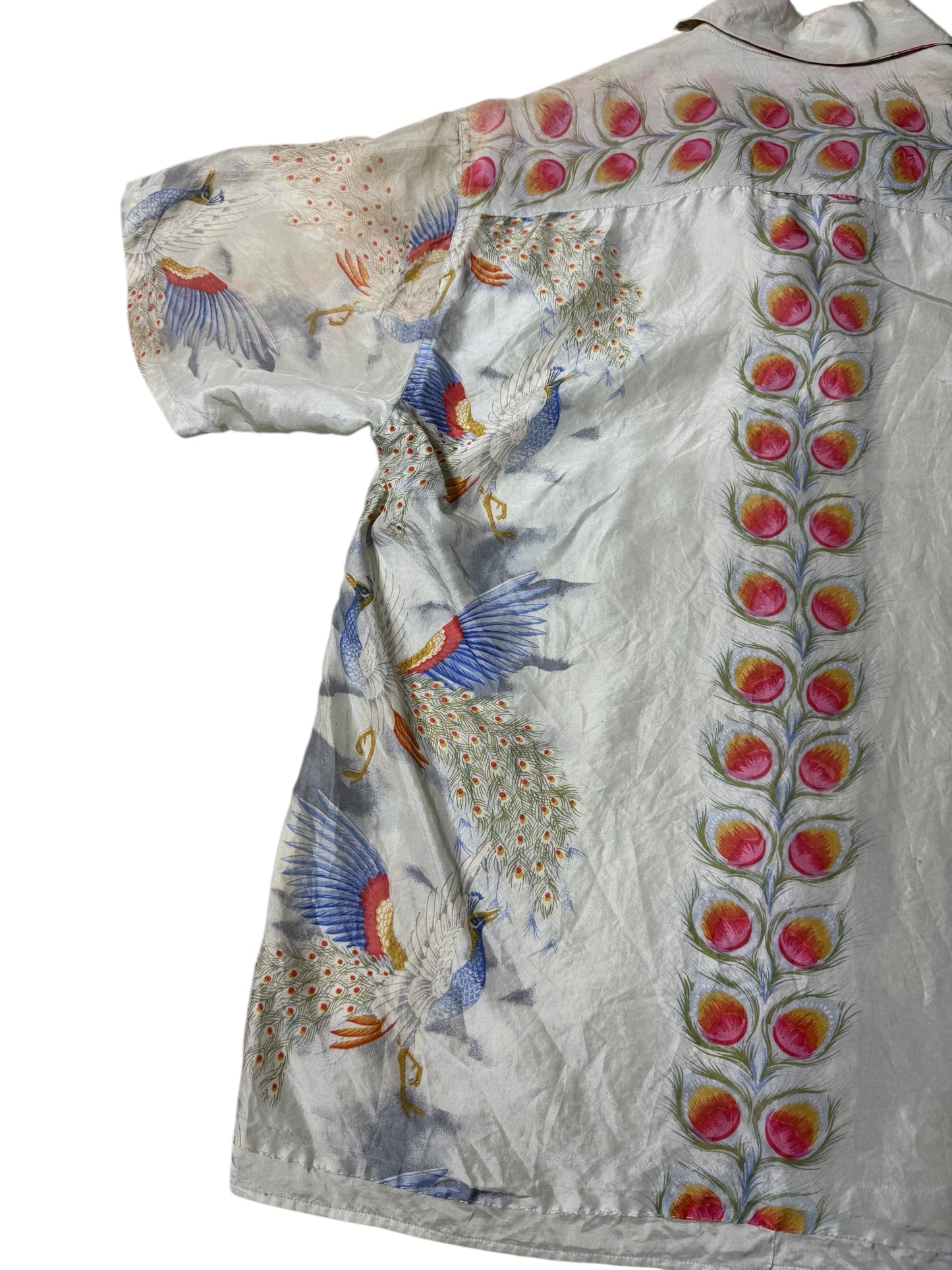 Vintage 1980s–90s SCO Sewing Chop Silk Aloha Shirt Peacock Feather Print