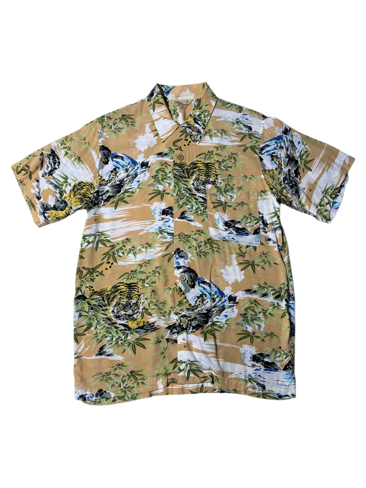 Patina Vintage Tiger Bamboo Hawaiian Rayon Shirt Beige Jungle Print