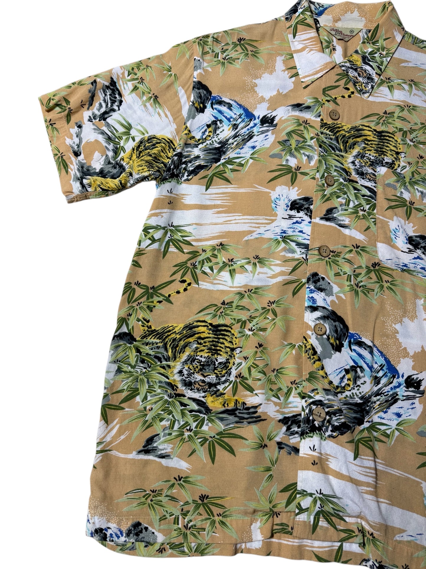 Patina Vintage Tiger Bamboo Hawaiian Rayon Shirt Beige Jungle Print
