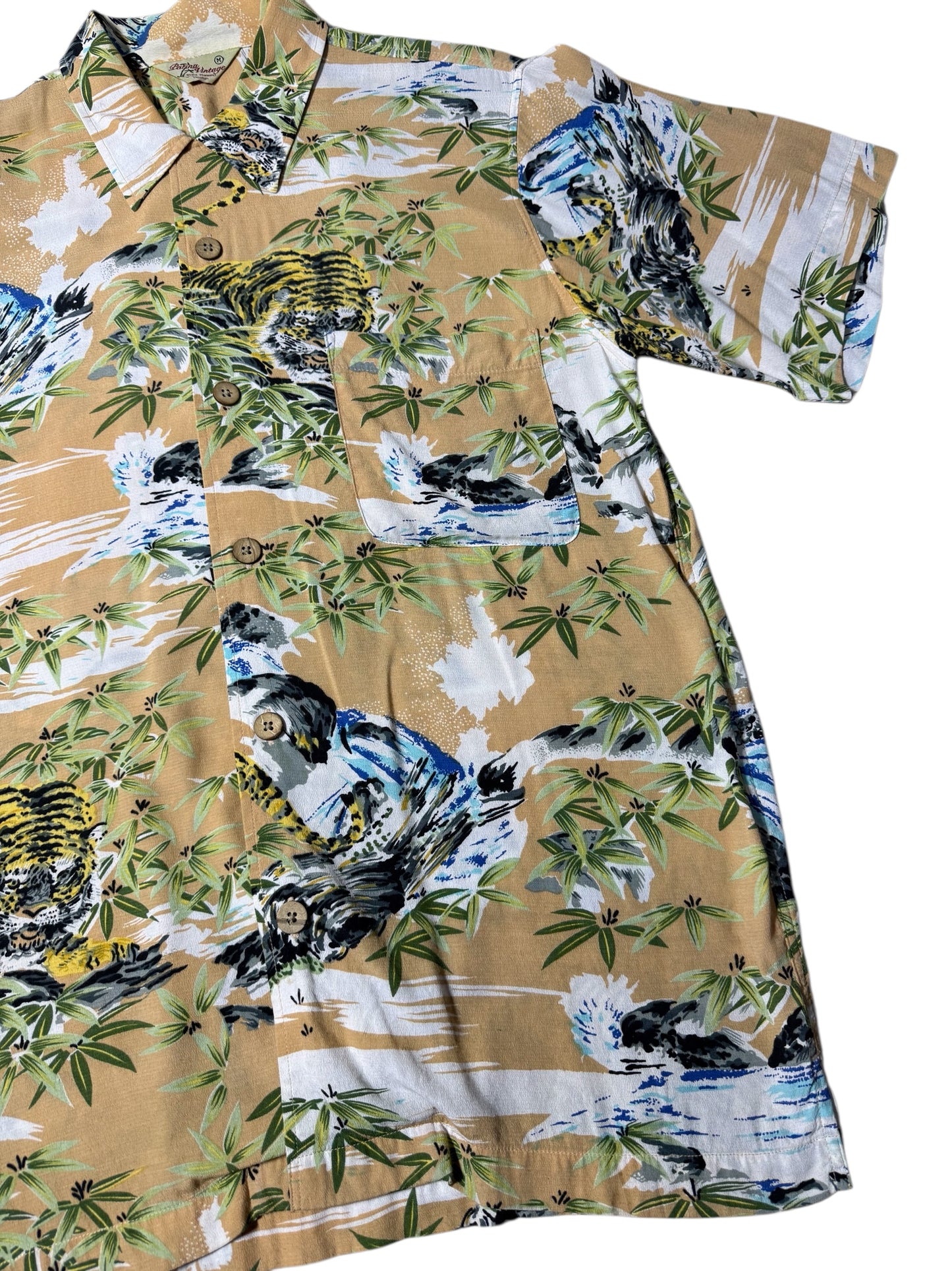 Patina Vintage Tiger Bamboo Hawaiian Rayon Shirt Beige Jungle Print
