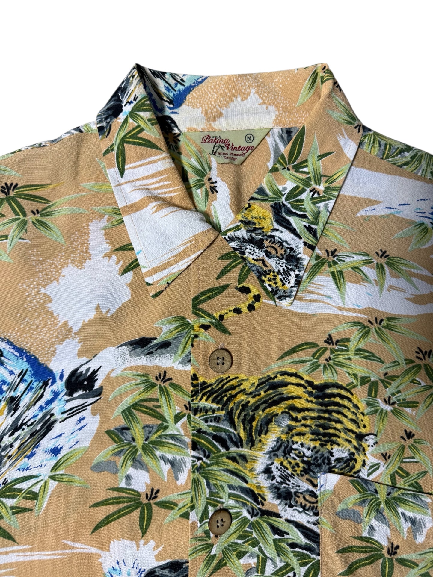 Patina Vintage Tiger Bamboo Hawaiian Rayon Shirt Beige Jungle Print
