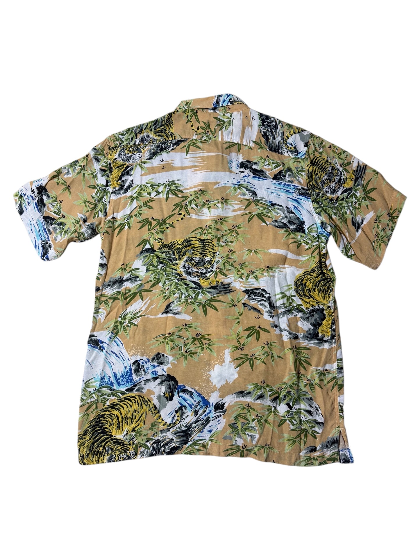 Patina Vintage Tiger Bamboo Hawaiian Rayon Shirt Beige Jungle Print