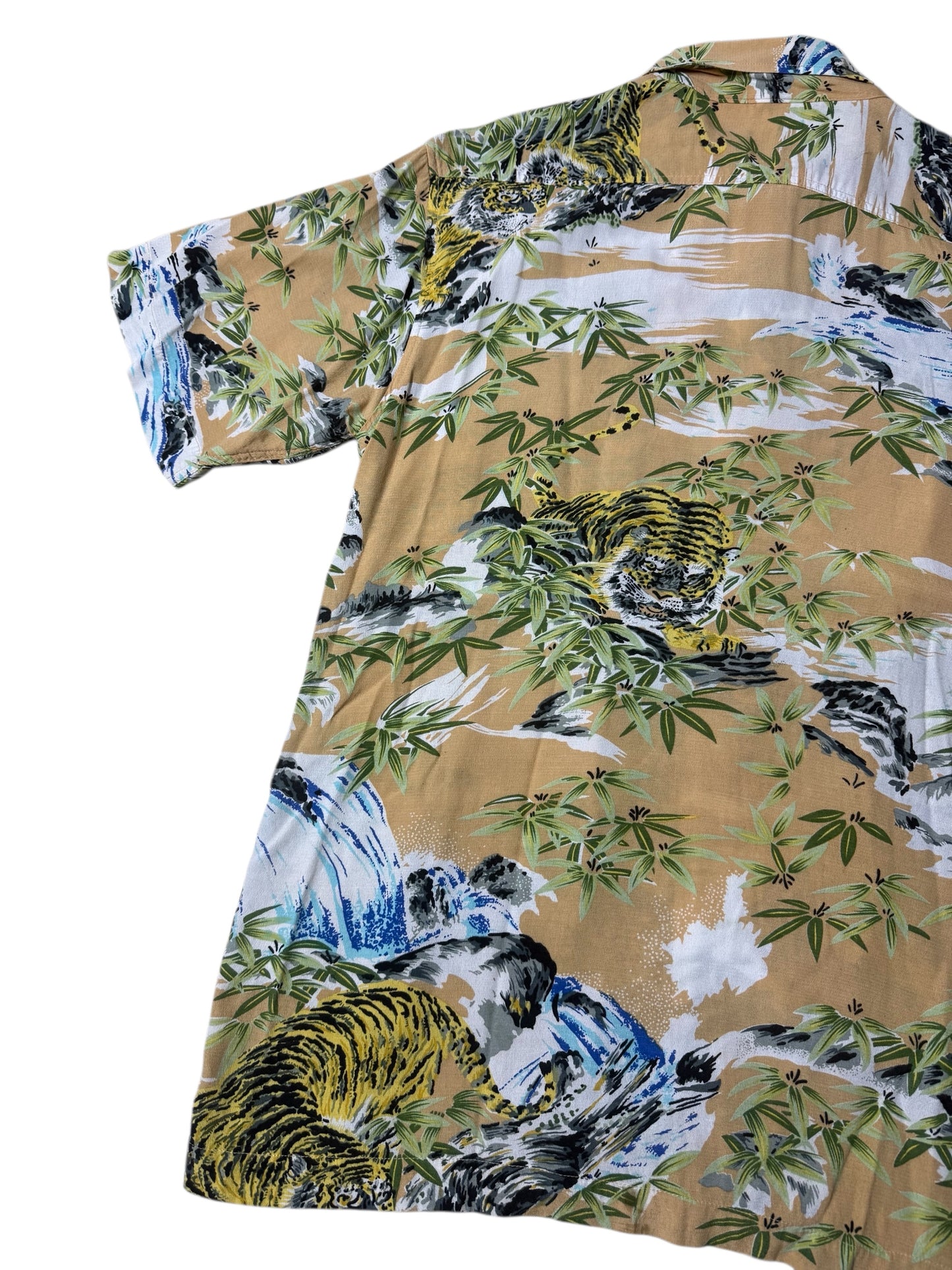 Patina Vintage Tiger Bamboo Hawaiian Rayon Shirt Beige Jungle Print