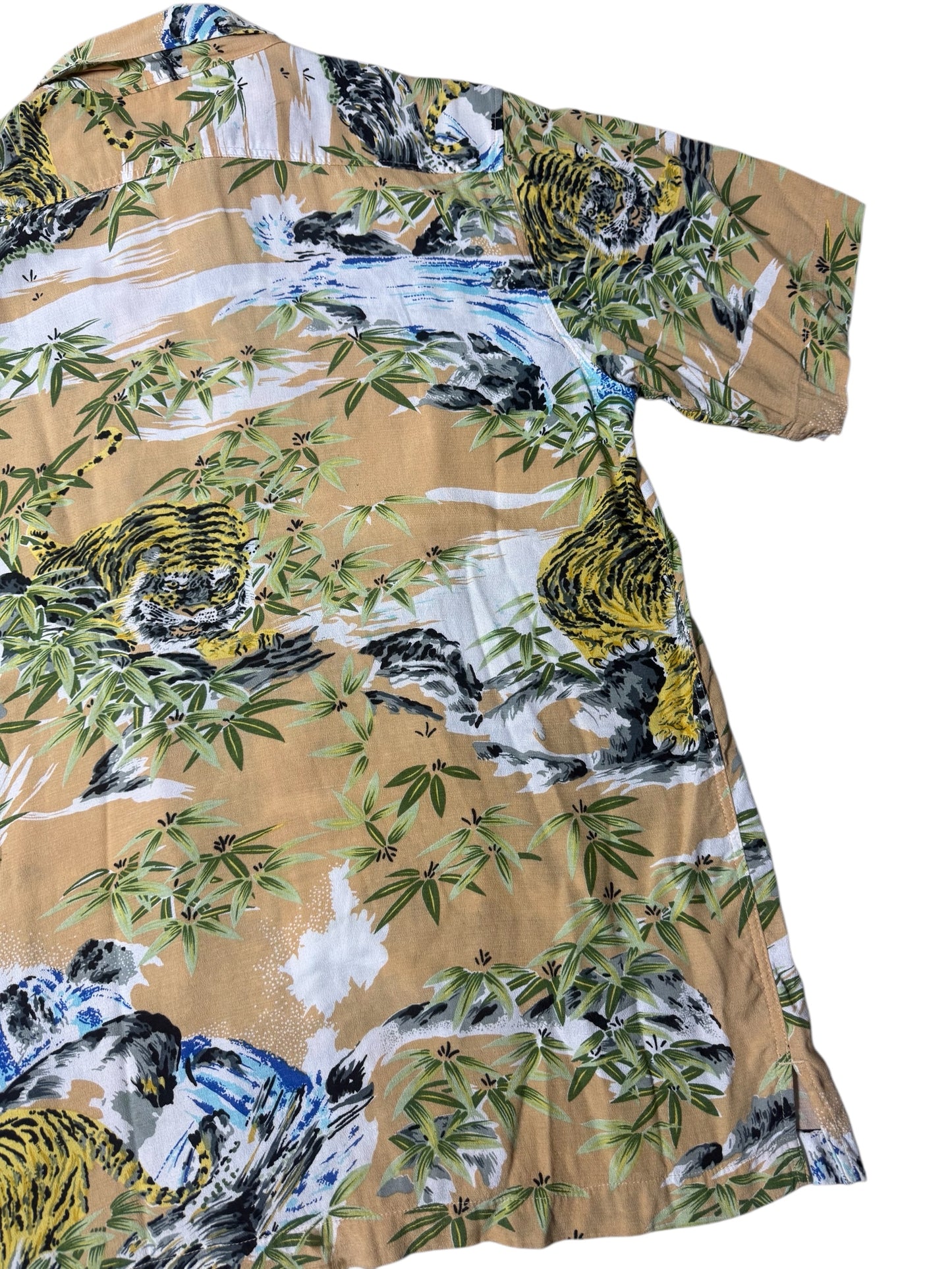 Patina Vintage Tiger Bamboo Hawaiian Rayon Shirt Beige Jungle Print