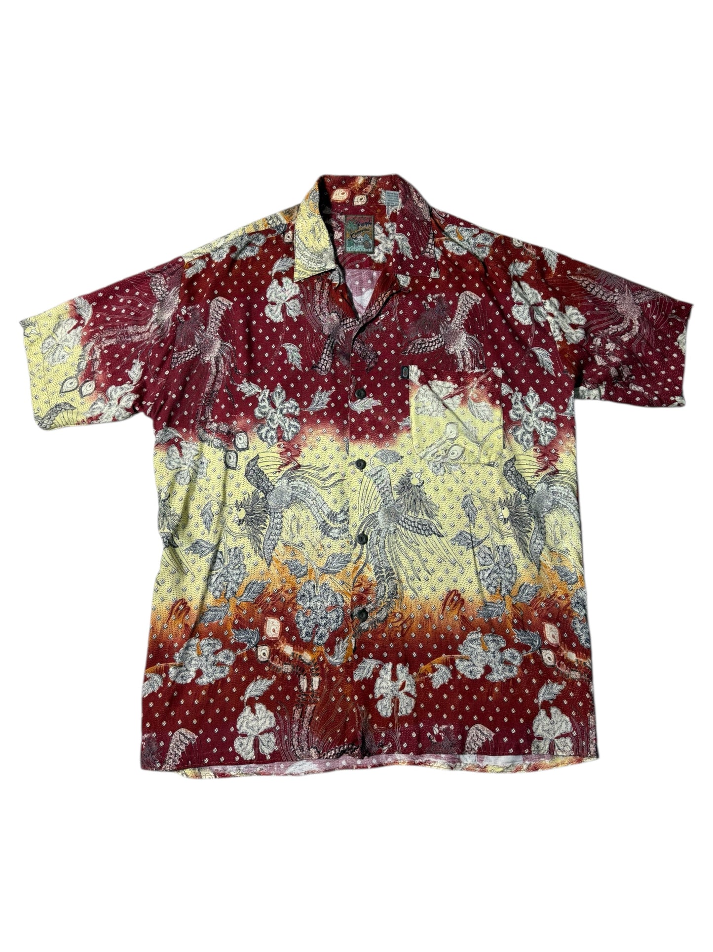 Vintage 90s Pineapple Connections Rayon Aloha Shirt Red/Yellow Batik Bird Print