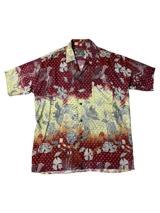 Vintage 90s Pineapple Connections Rayon Aloha Shirt Red/Yellow Batik Bird Print