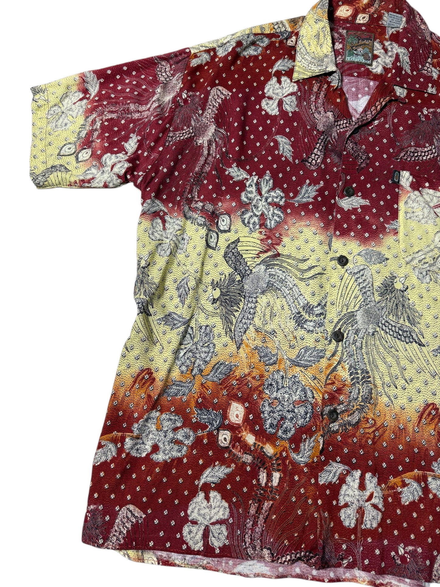 Vintage 90s Pineapple Connections Rayon Aloha Shirt Red/Yellow Batik Bird Print