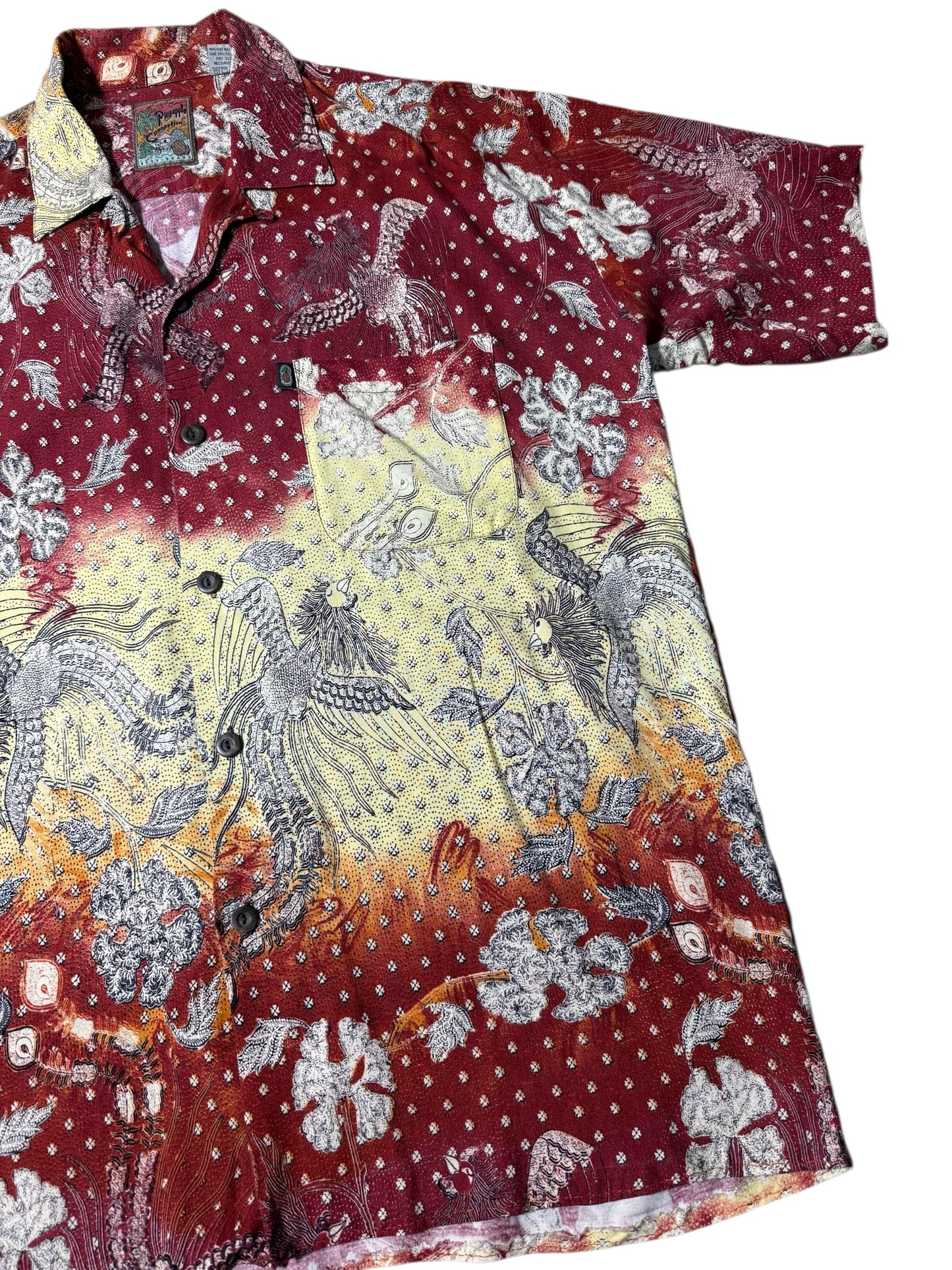Vintage 90s Pineapple Connections Rayon Aloha Shirt Red/Yellow Batik Bird Print