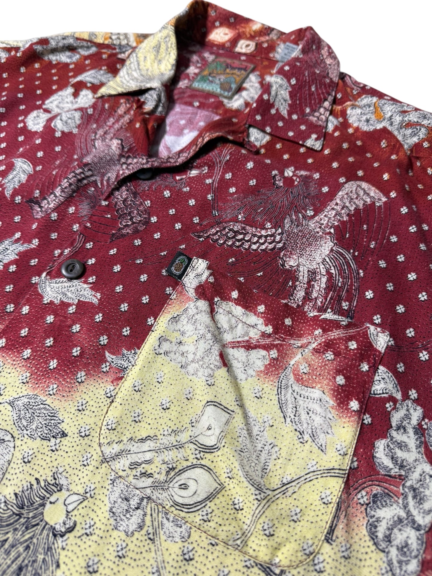 Vintage 90s Pineapple Connections Rayon Aloha Shirt Red/Yellow Batik Bird Print