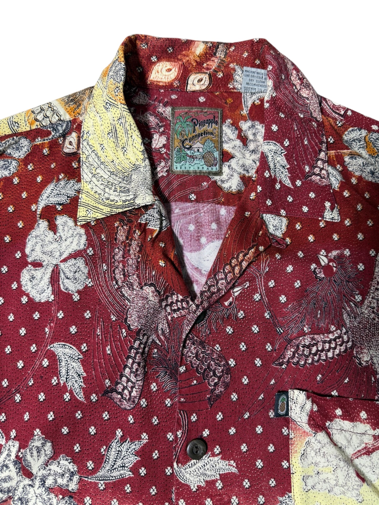 Vintage 90s Pineapple Connections Rayon Aloha Shirt Red/Yellow Batik Bird Print
