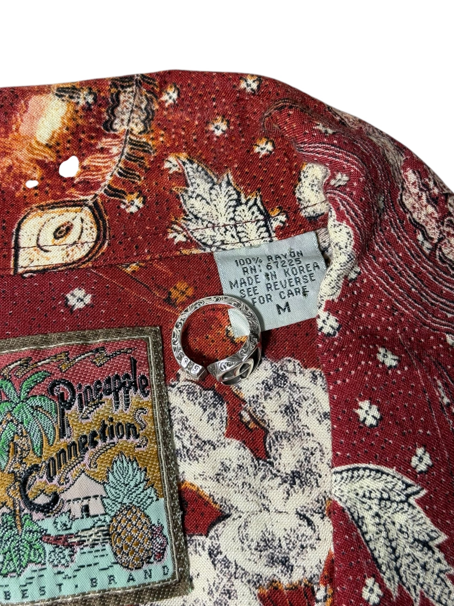 Vintage 90s Pineapple Connections Rayon Aloha Shirt Red/Yellow Batik Bird Print