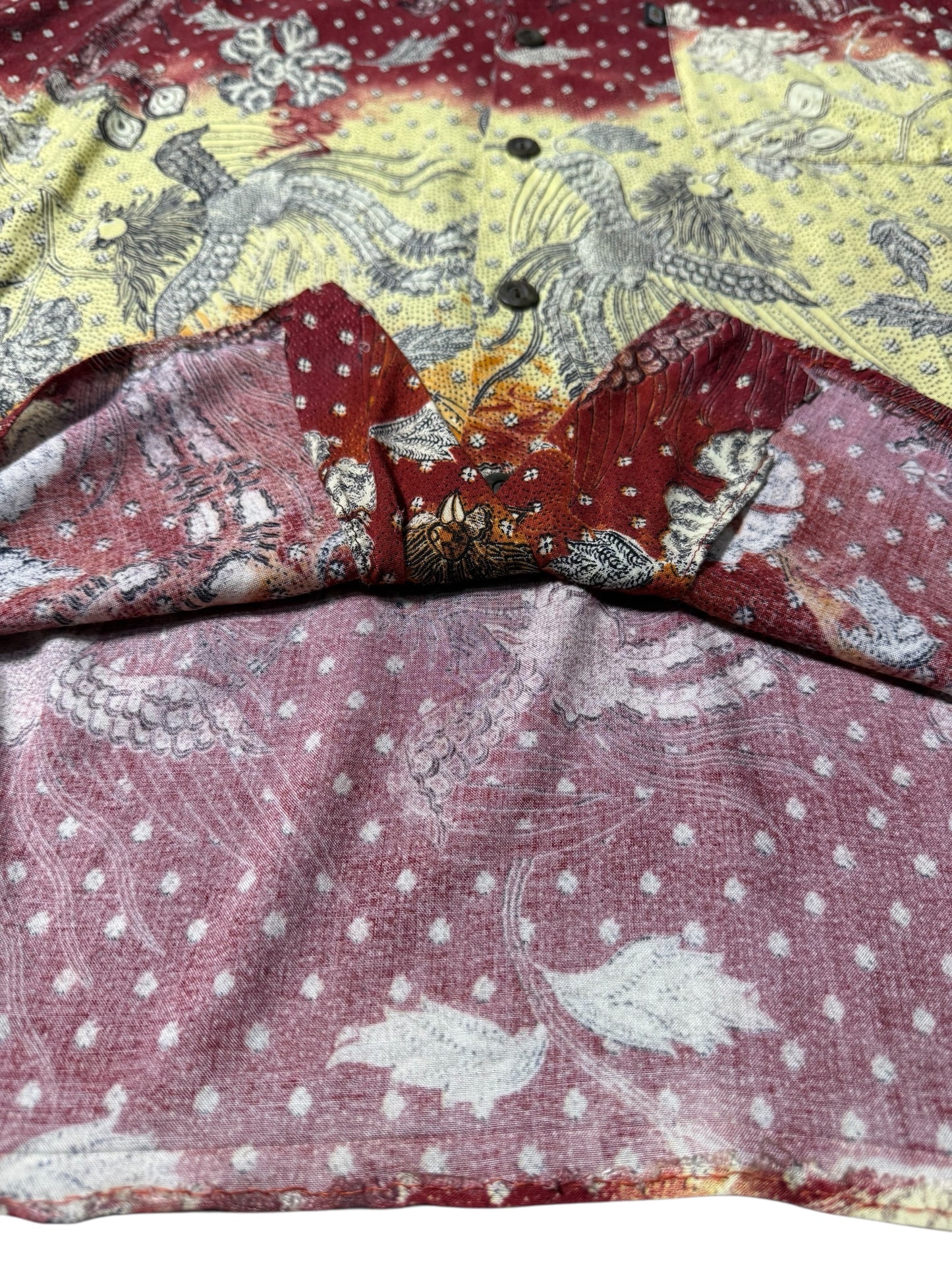 Vintage 90s Pineapple Connections Rayon Aloha Shirt Red/Yellow Batik Bird Print