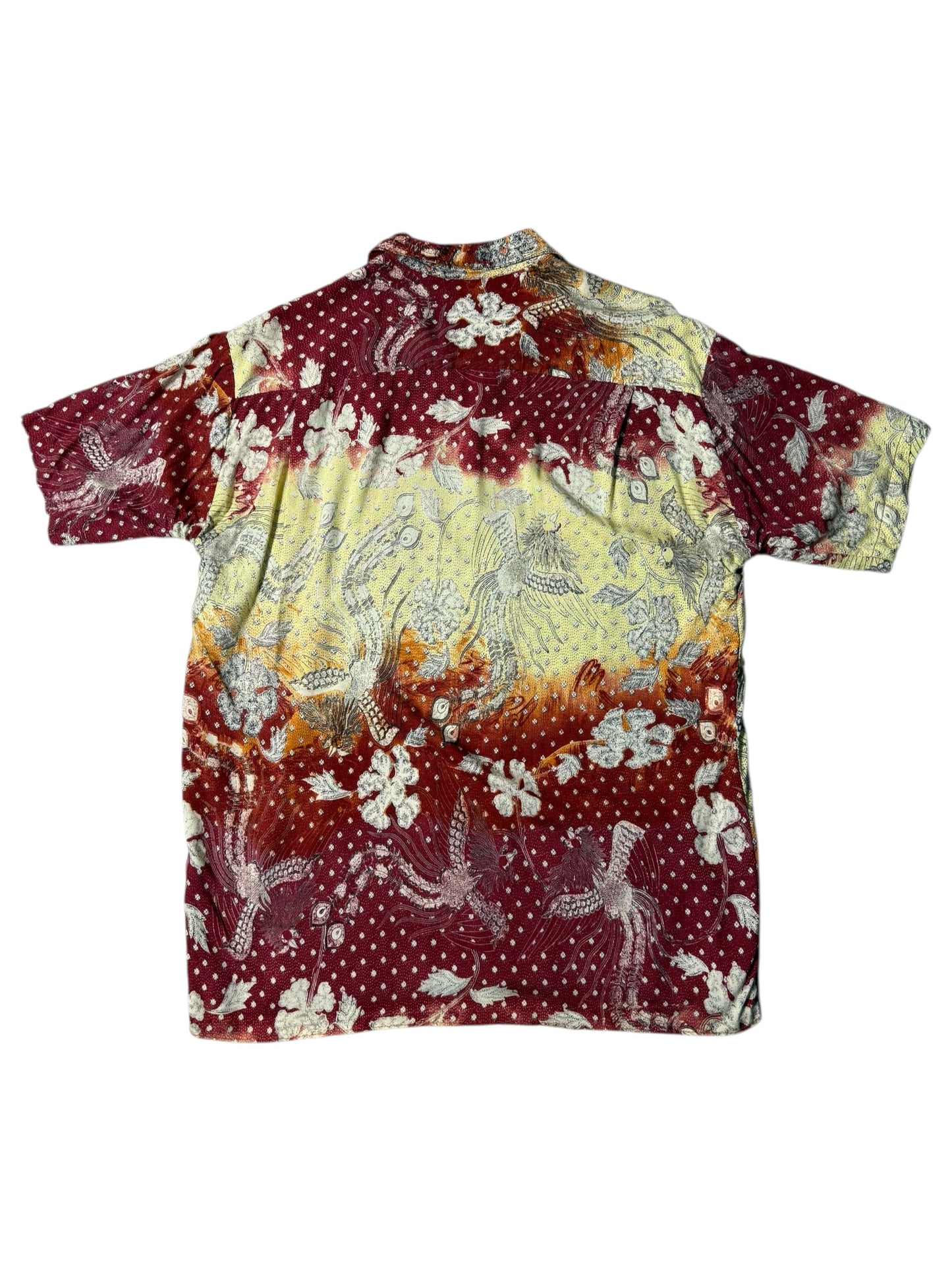Vintage 90s Pineapple Connections Rayon Aloha Shirt Red/Yellow Batik Bird Print