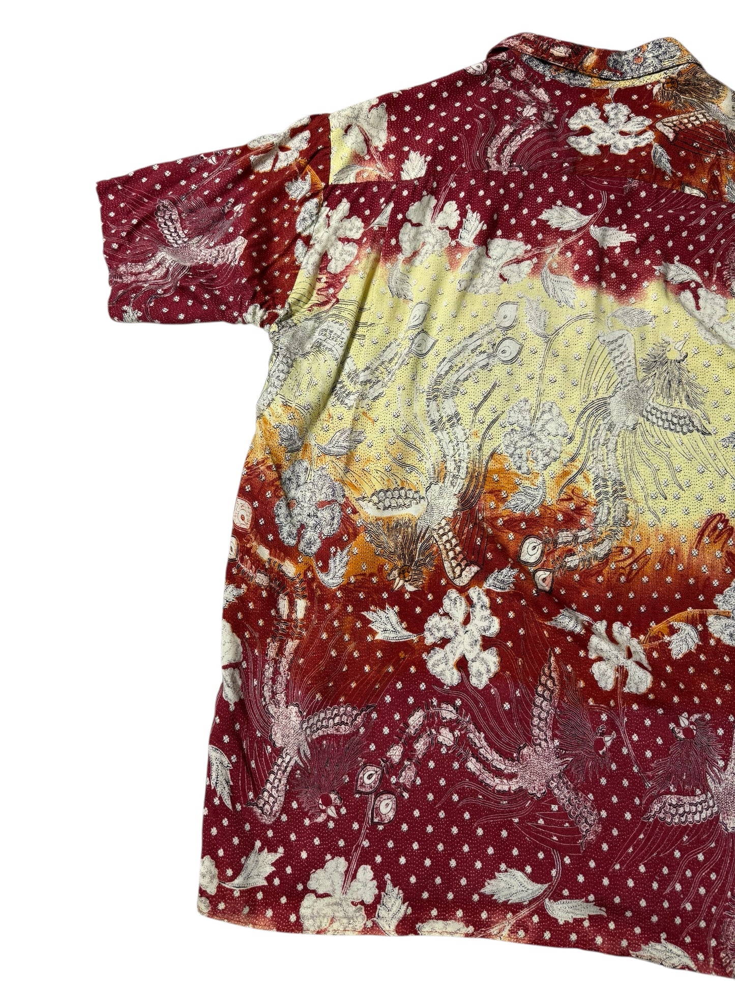 Vintage 90s Pineapple Connections Rayon Aloha Shirt Red/Yellow Batik Bird Print