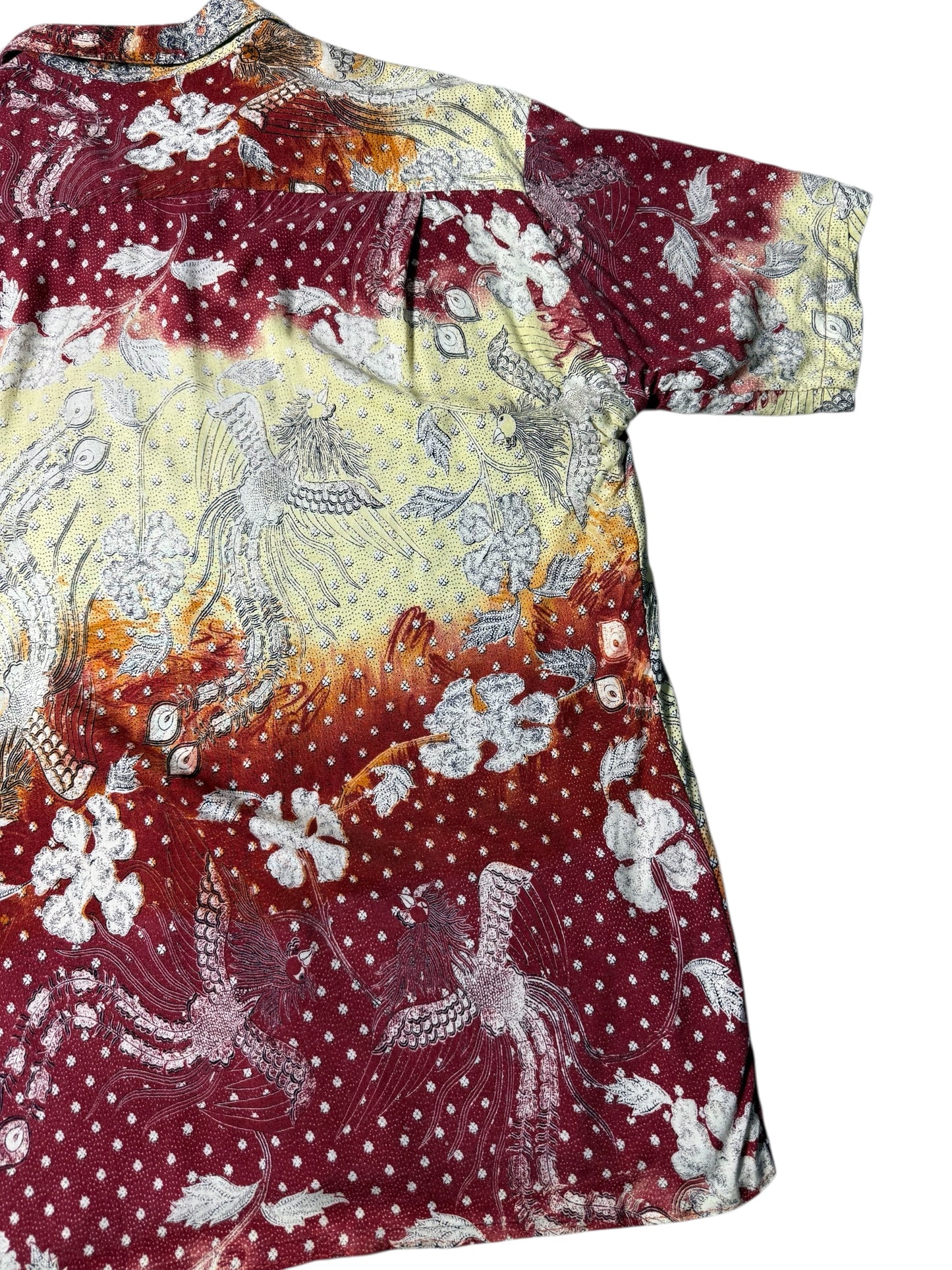 Vintage 90s Pineapple Connections Rayon Aloha Shirt Red/Yellow Batik Bird Print