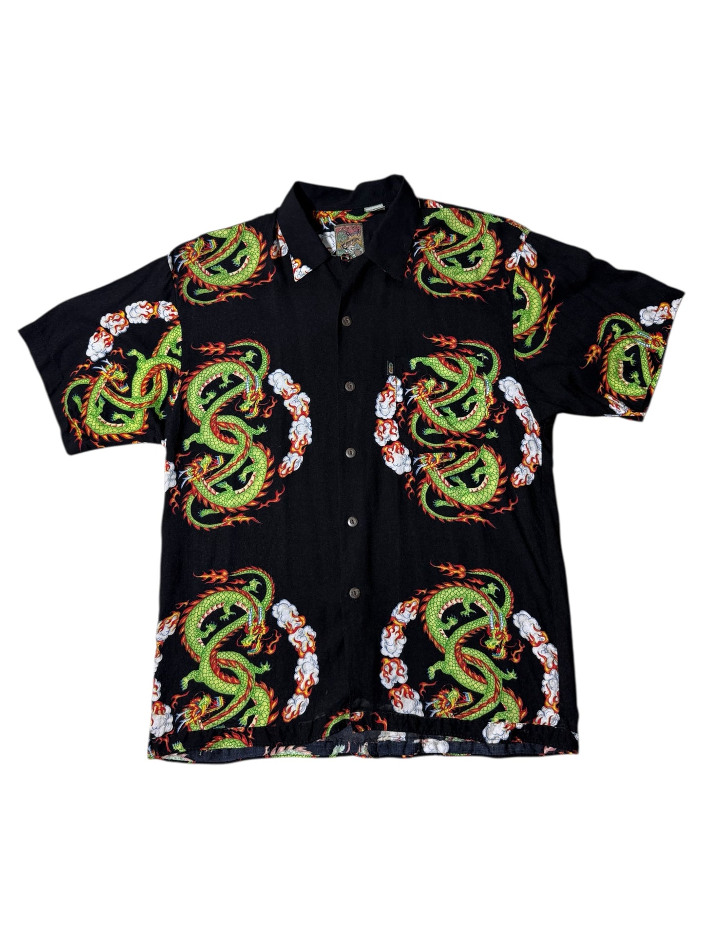Vintage 90s Pineapple Connection Dragon Print Rayon Aloha Shirt Black/Green Fire Dragon