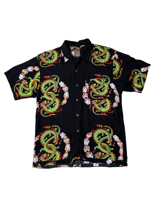 Vintage 90s Pineapple Connection Dragon Print Rayon Aloha Shirt Black/Green Fire Dragon