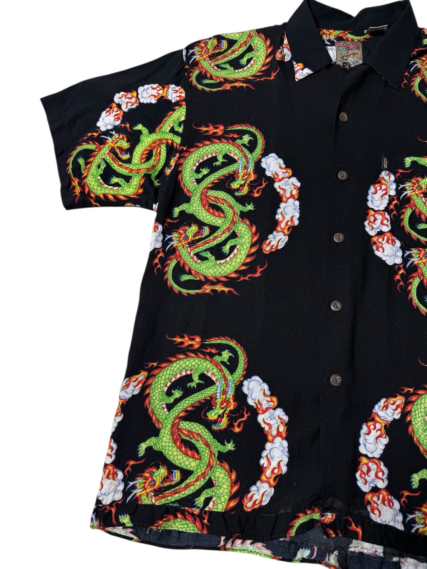 Vintage 90s Pineapple Connection Dragon Print Rayon Aloha Shirt Black/Green Fire Dragon