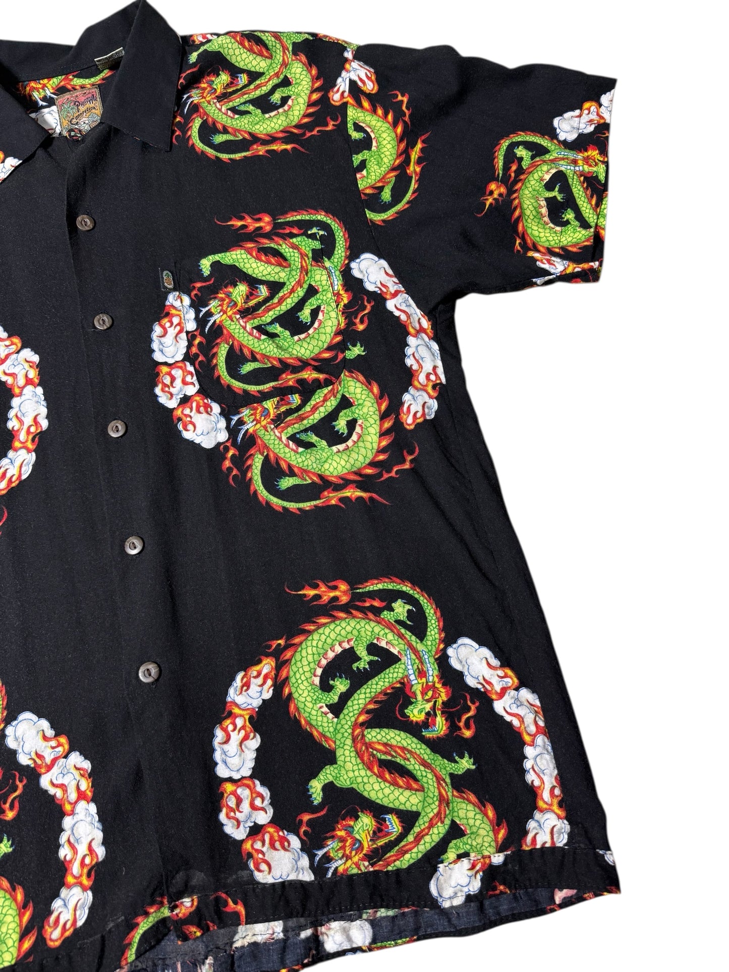 Vintage 90s Pineapple Connection Dragon Print Rayon Aloha Shirt Black/Green Fire Dragon