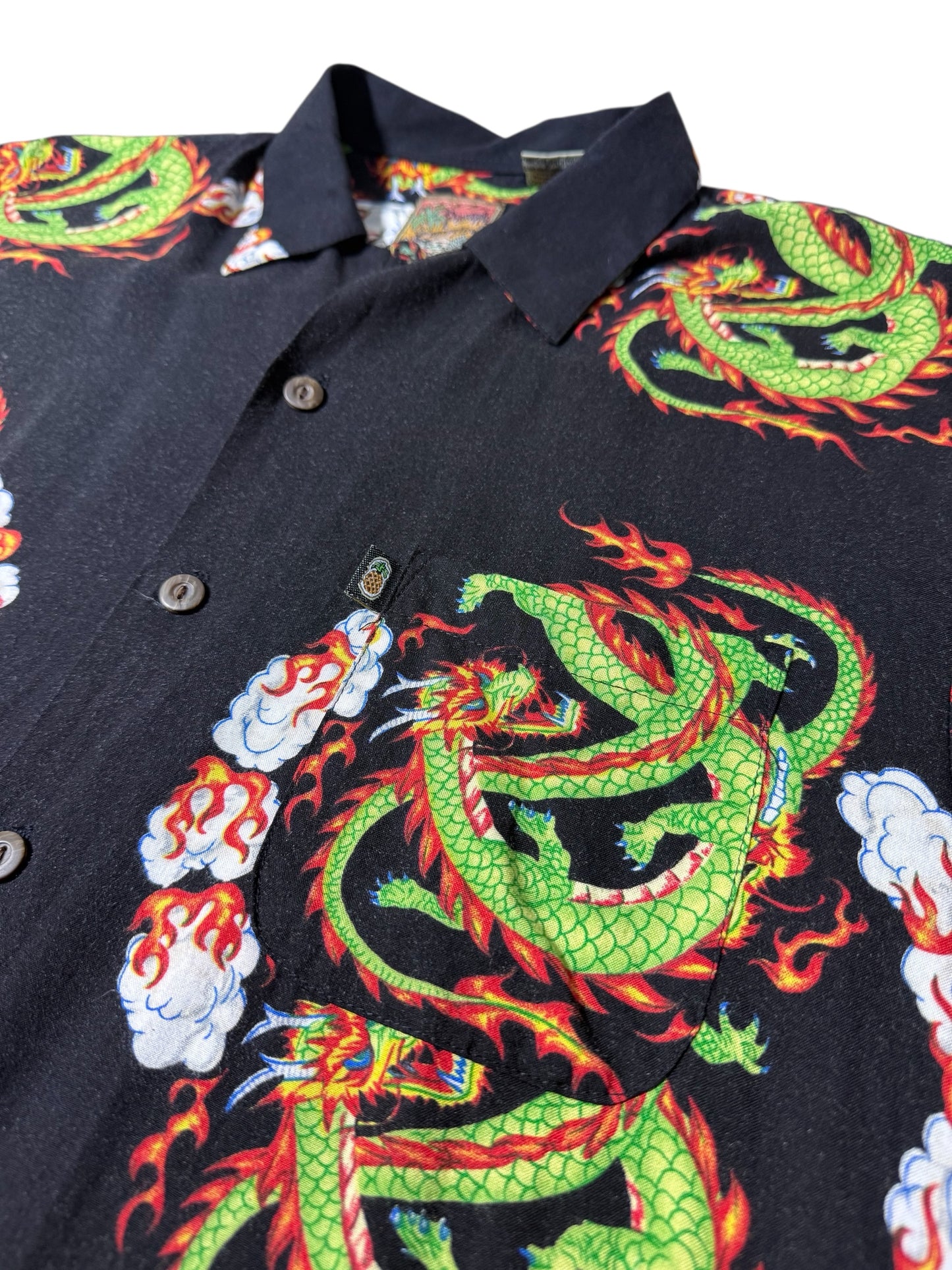 Vintage 90s Pineapple Connection Dragon Print Rayon Aloha Shirt Black/Green Fire Dragon