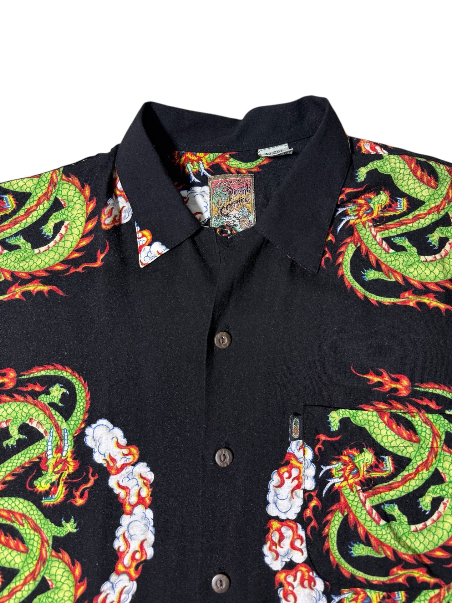 Vintage 90s Pineapple Connection Dragon Print Rayon Aloha Shirt Black/Green Fire Dragon