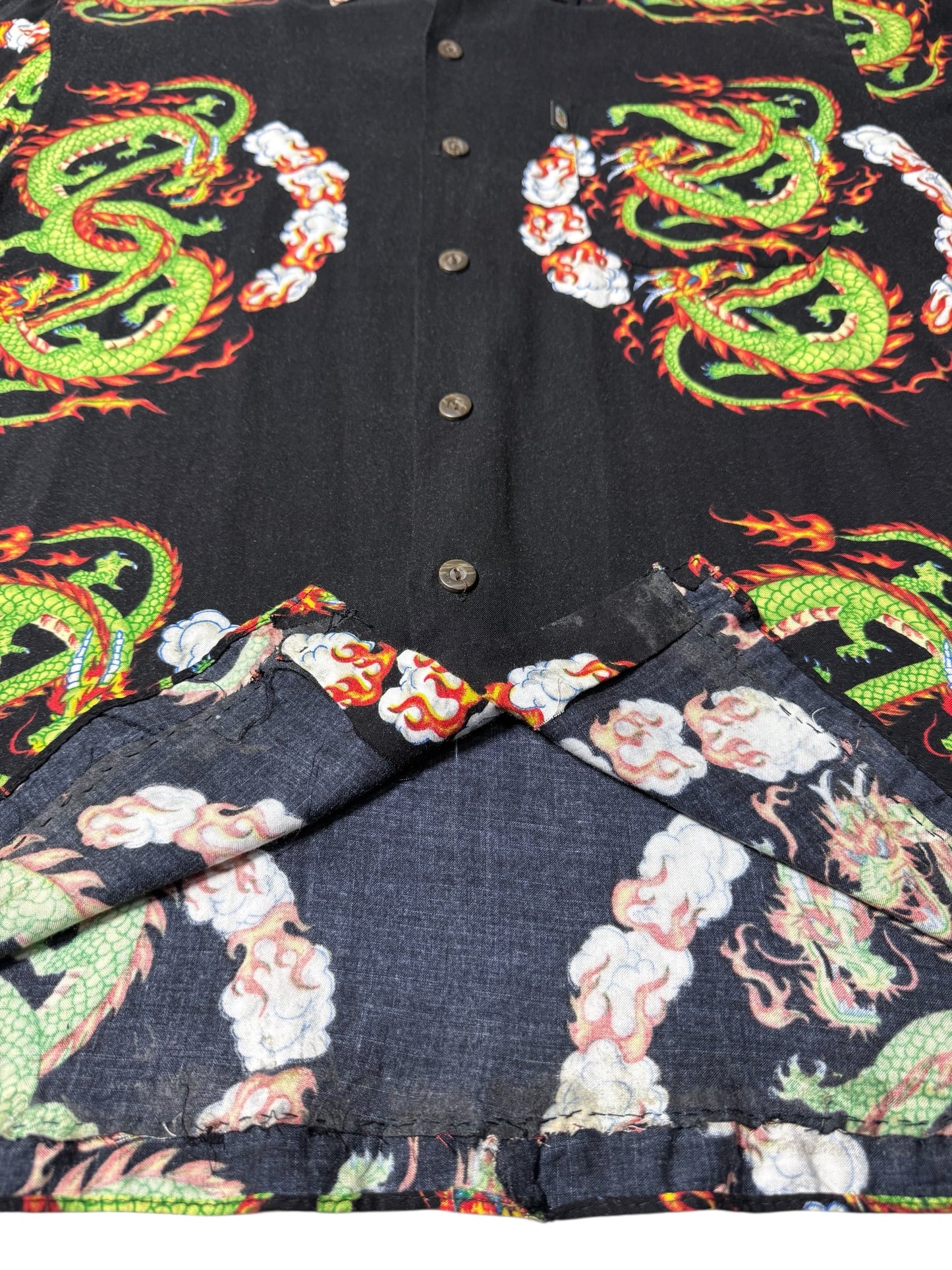 Vintage 90s Pineapple Connection Dragon Print Rayon Aloha Shirt Black/Green Fire Dragon