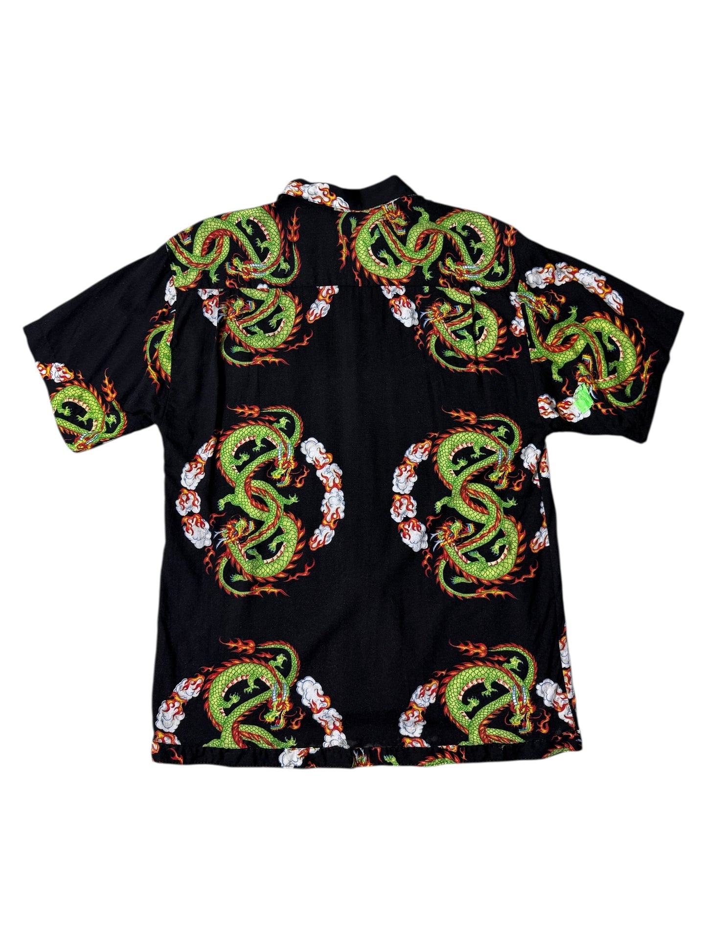 Vintage 90s Pineapple Connection Dragon Print Rayon Aloha Shirt Black/Green Fire Dragon