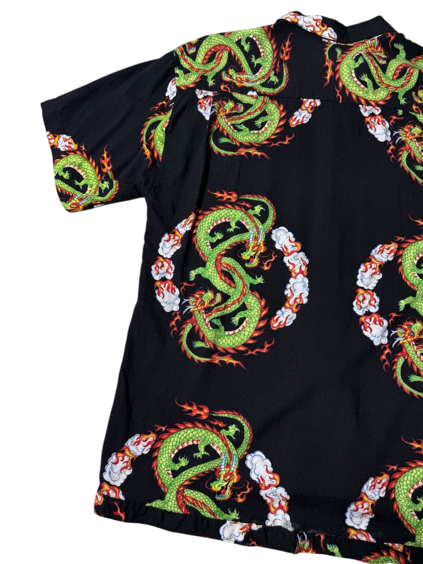 Vintage 90s Pineapple Connection Dragon Print Rayon Aloha Shirt Black/Green Fire Dragon